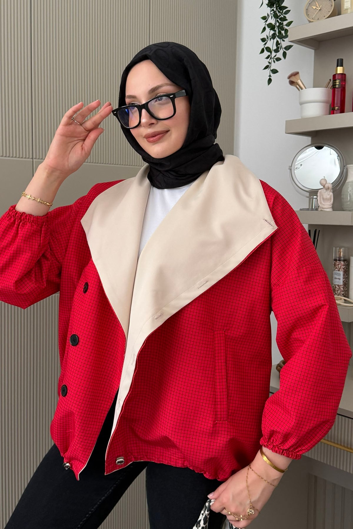 Garni Detaylı Ekose Bomber Ceket-KIRMIZI