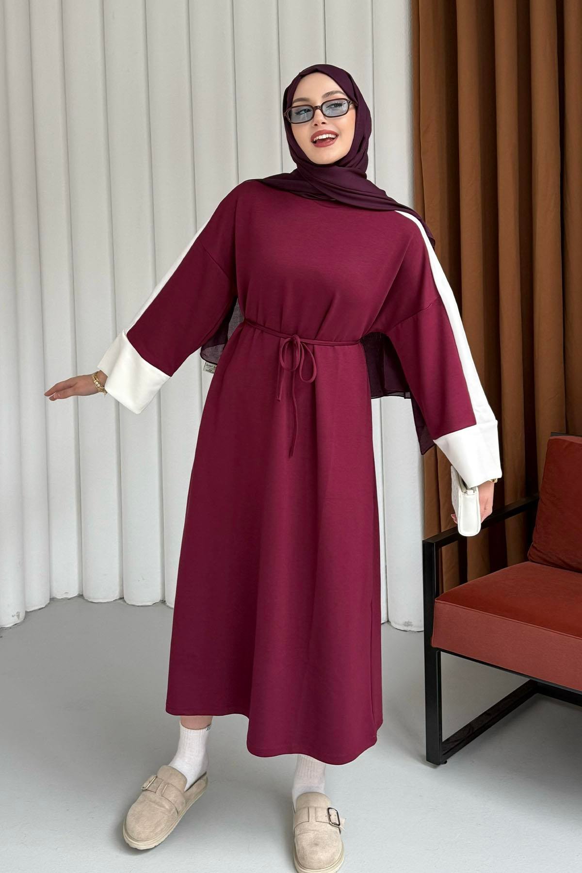 Garnili Oysho Kumaş Tesettür Elbise-BORDO