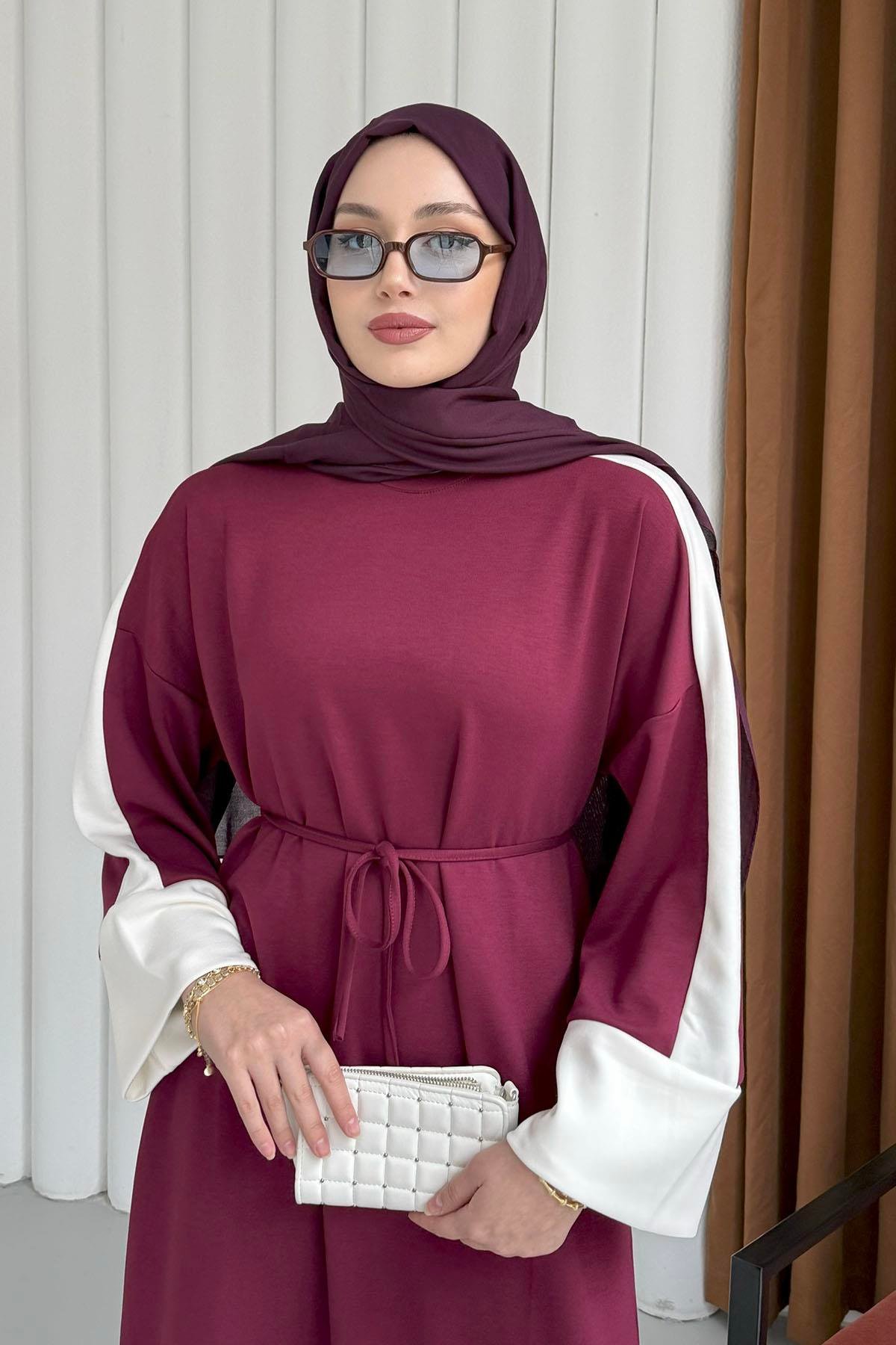 Garnili Oysho Kumaş Tesettür Elbise-BORDO