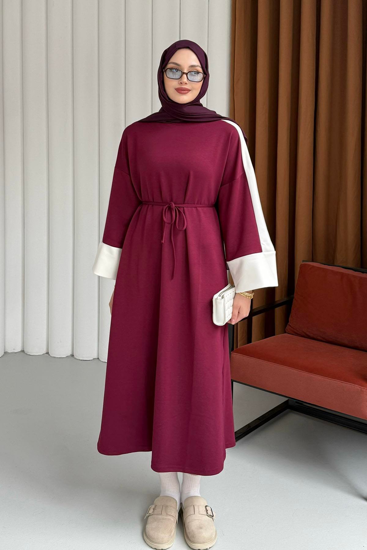 Garnili Oysho Kumaş Tesettür Elbise-BORDO