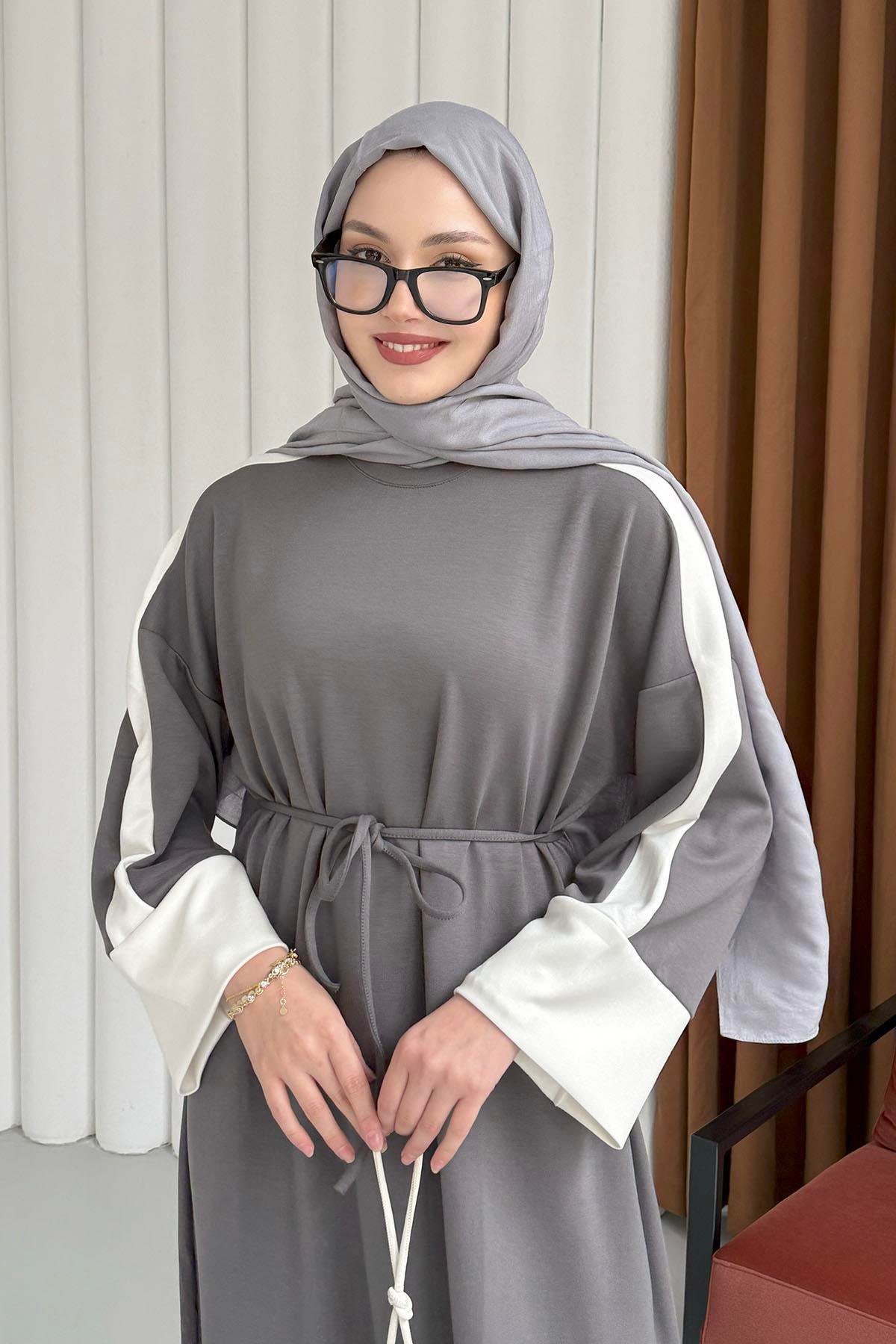 Garnili Oysho Kumaş Tesettür Elbise-FÜME