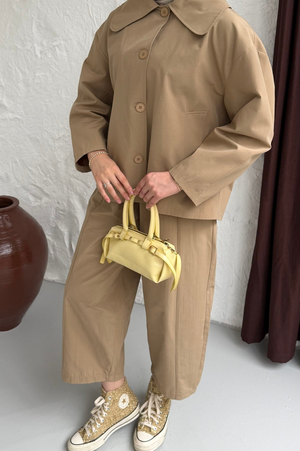 Geniş Bebe Yaka Ceketli Pantolonlu Tesettür Takım-CAMEL