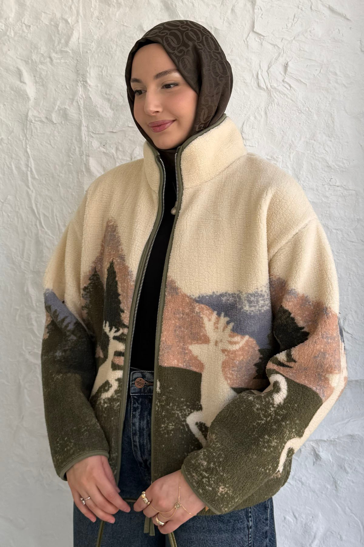 Geyik Desenli Fermuarlı Polar Sweatshirt-EKRU