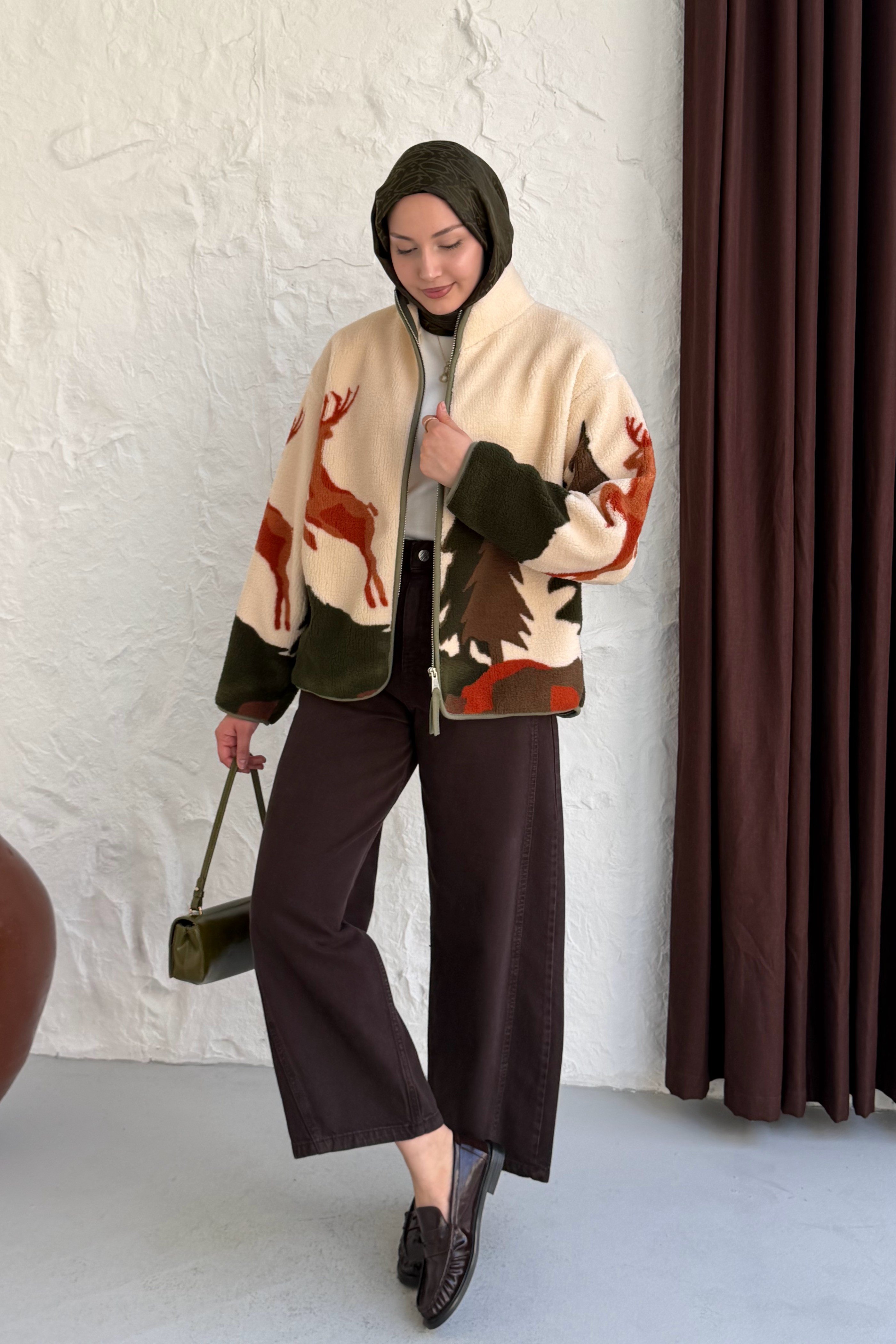 Geyikli Fermuarlı Polar Sweatshirt-HAKİ YEŞİL
