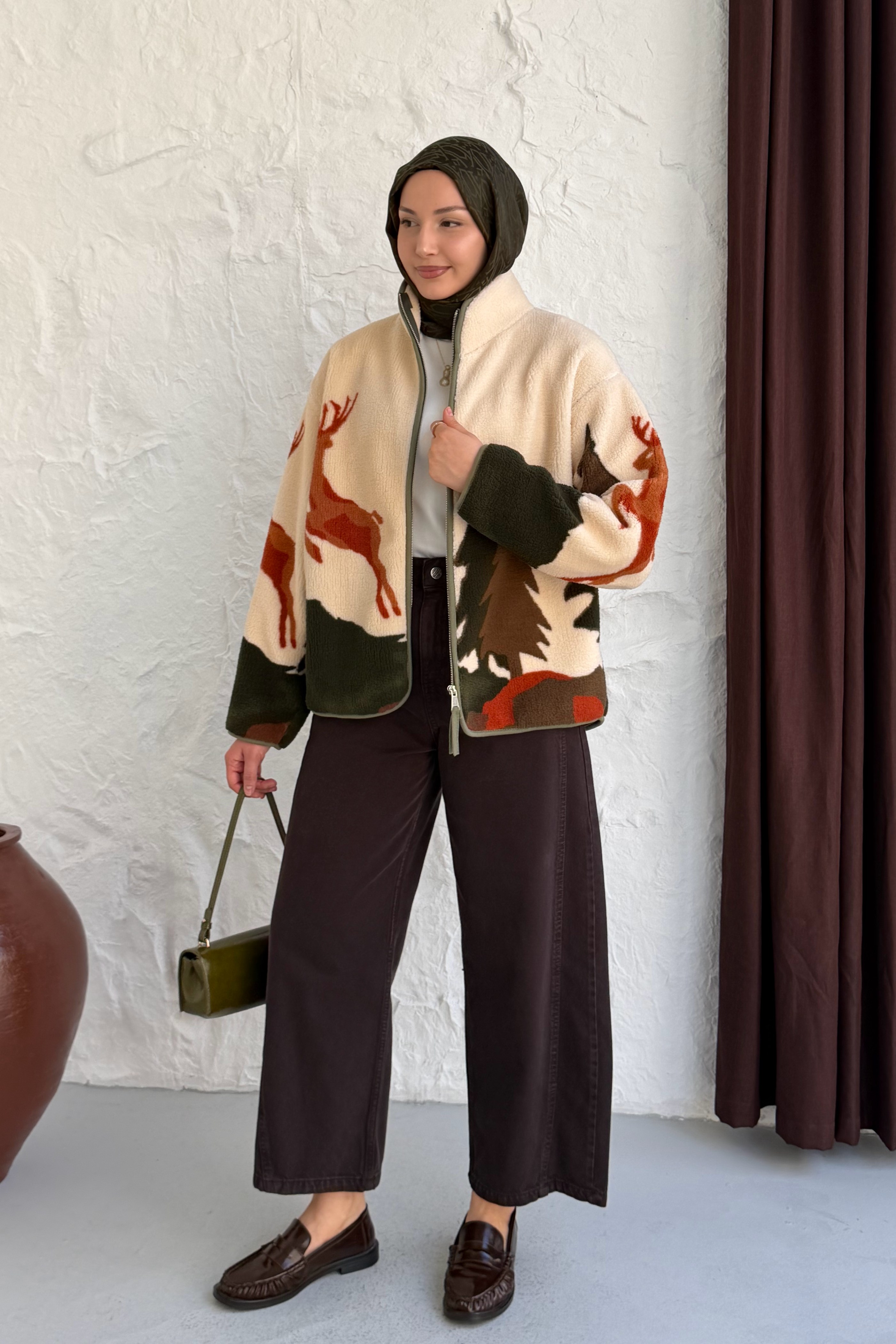 Geyikli Fermuarlı Polar Sweatshirt-HAKİ YEŞİL