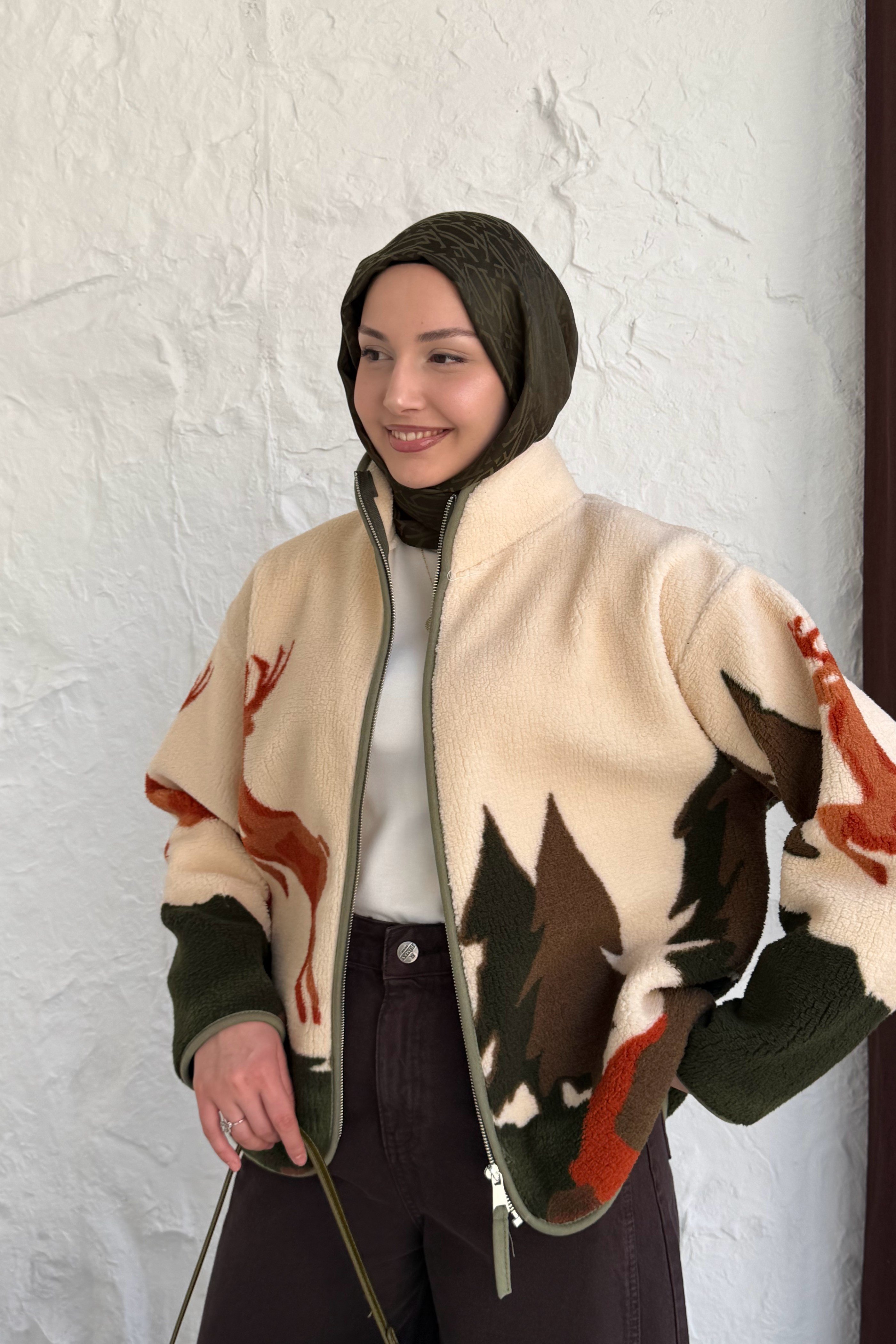 Geyikli Fermuarlı Polar Sweatshirt-HAKİ YEŞİL