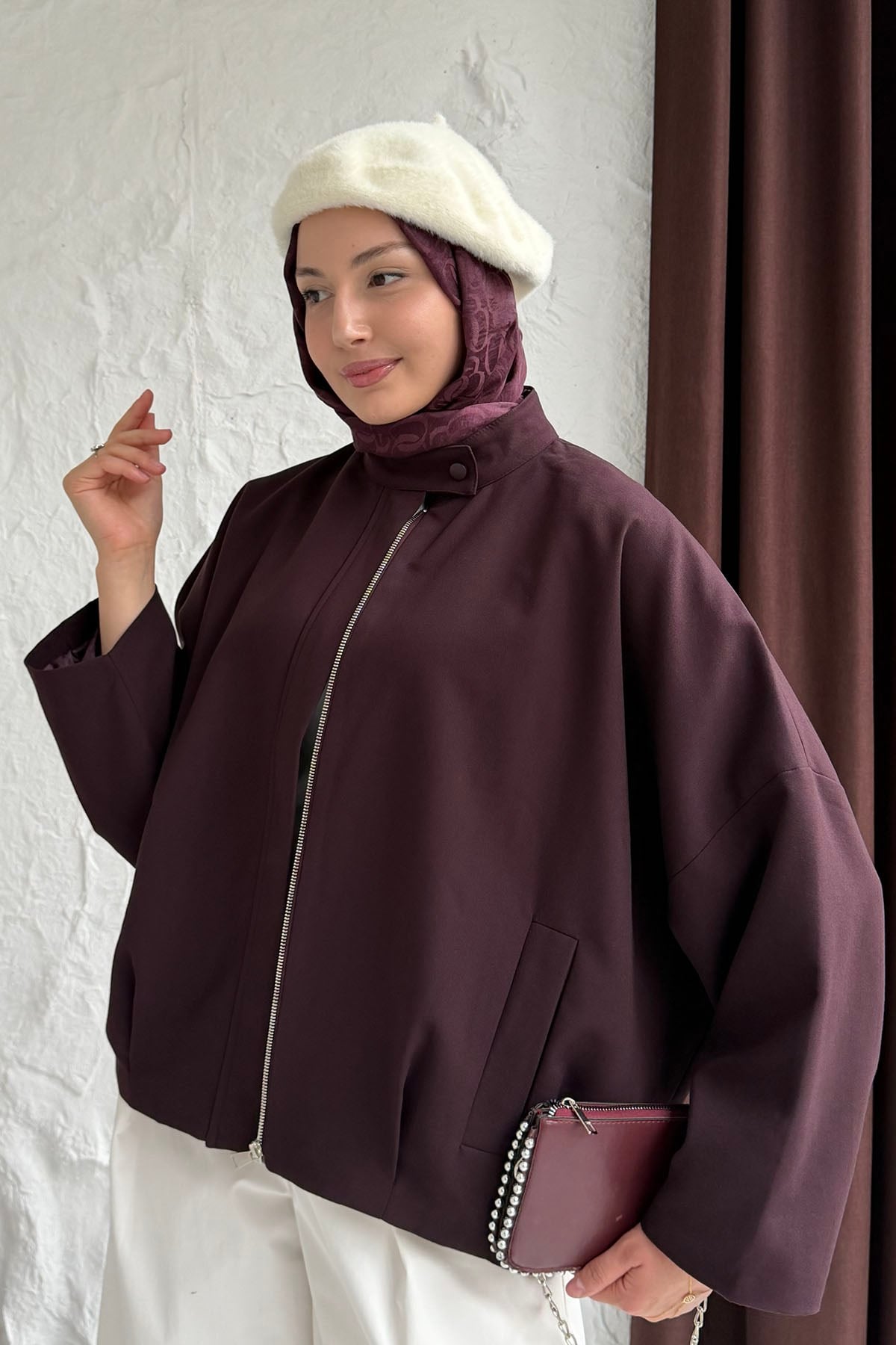 Gizli Fermuarlı Pile Detaylı Bomber Ceket-MÜRDÜM