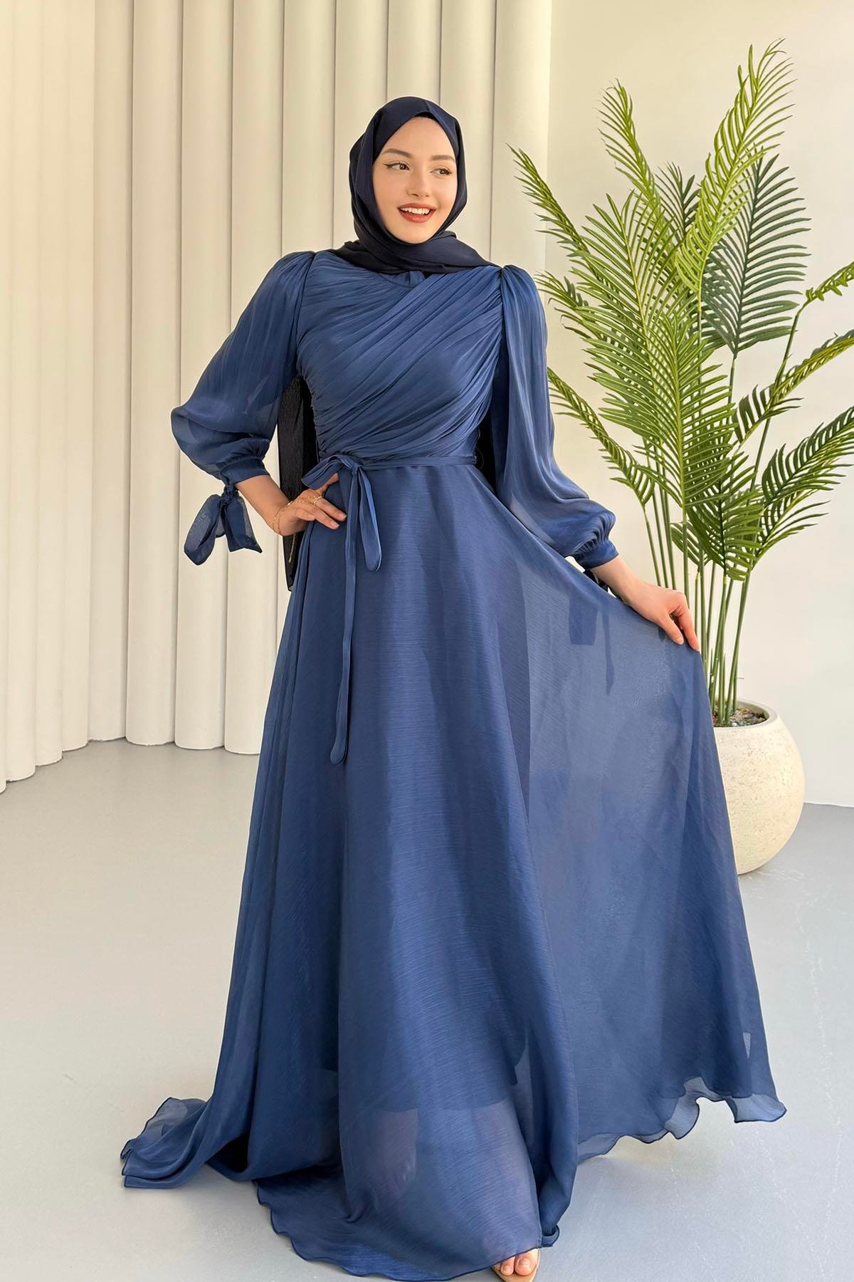 Gögüs Drapeli Kolları Bağlamalı Jan Jan Tesettür Abiye-LACİVERT
