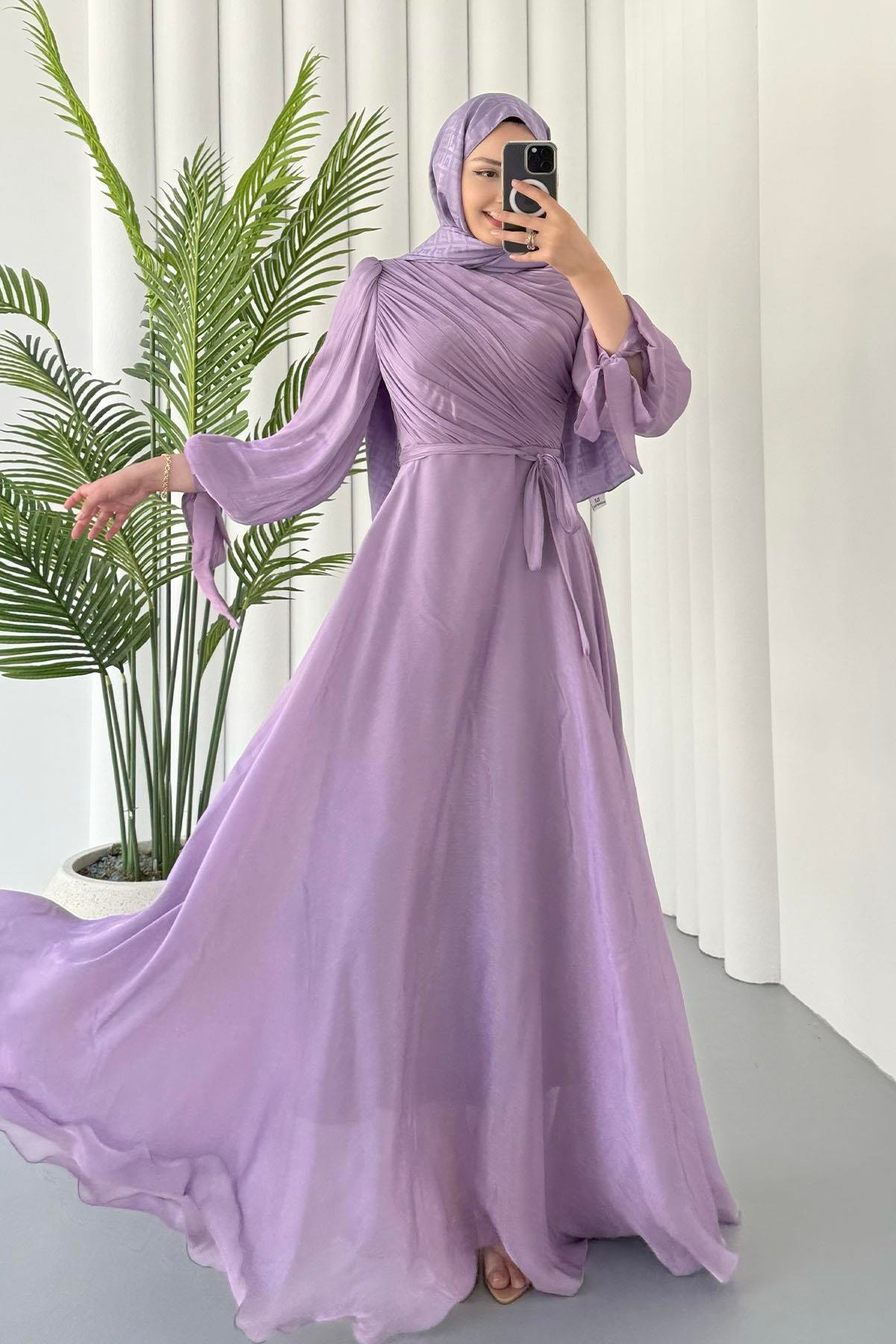Gögüs Drapeli Kolları Bağlamalı Jan Jan Tesettür Abiye-MOR