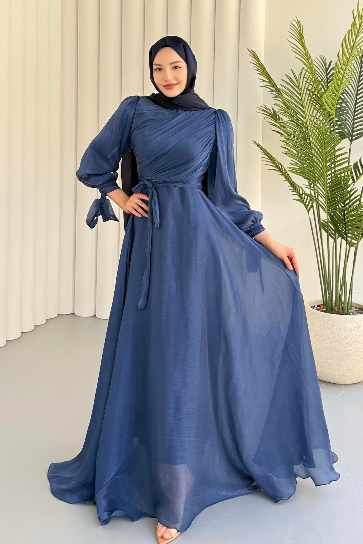 Gögüs Drapeli Kolları Bağlamalı Jan Jan Tesettür Abiye-LACİVERT