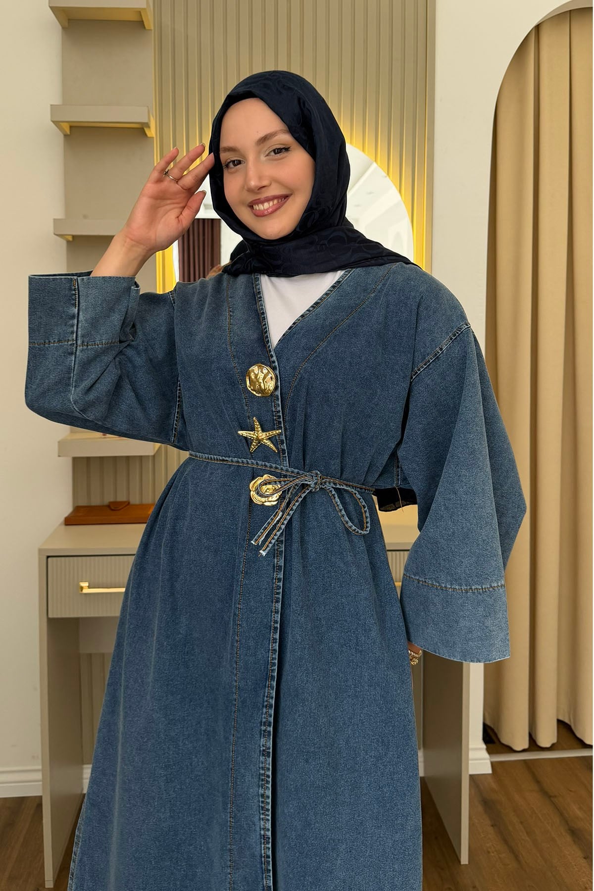 Gold Düğme Detaylı Denim Kimono-AÇIK MAVİ