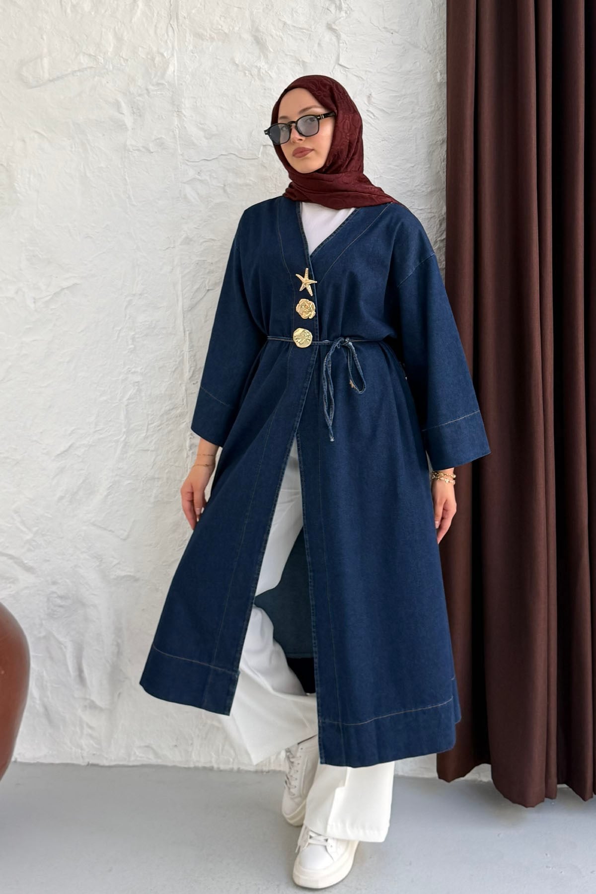 Gold Düğme Detaylı Denim Kimono-KOYU MAVİ