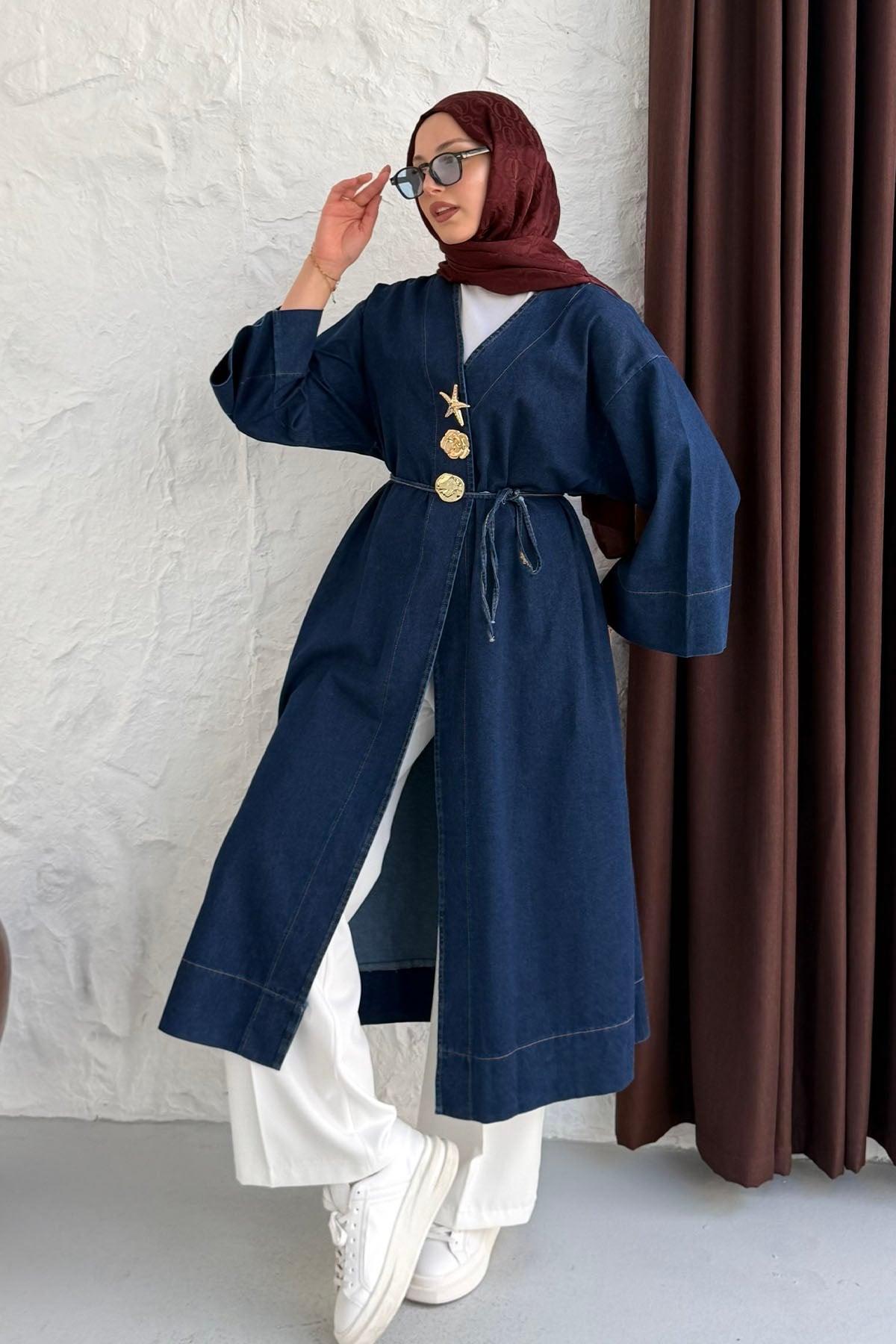 Gold Düğme Detaylı Denim Kimono-KOYU MAVİ