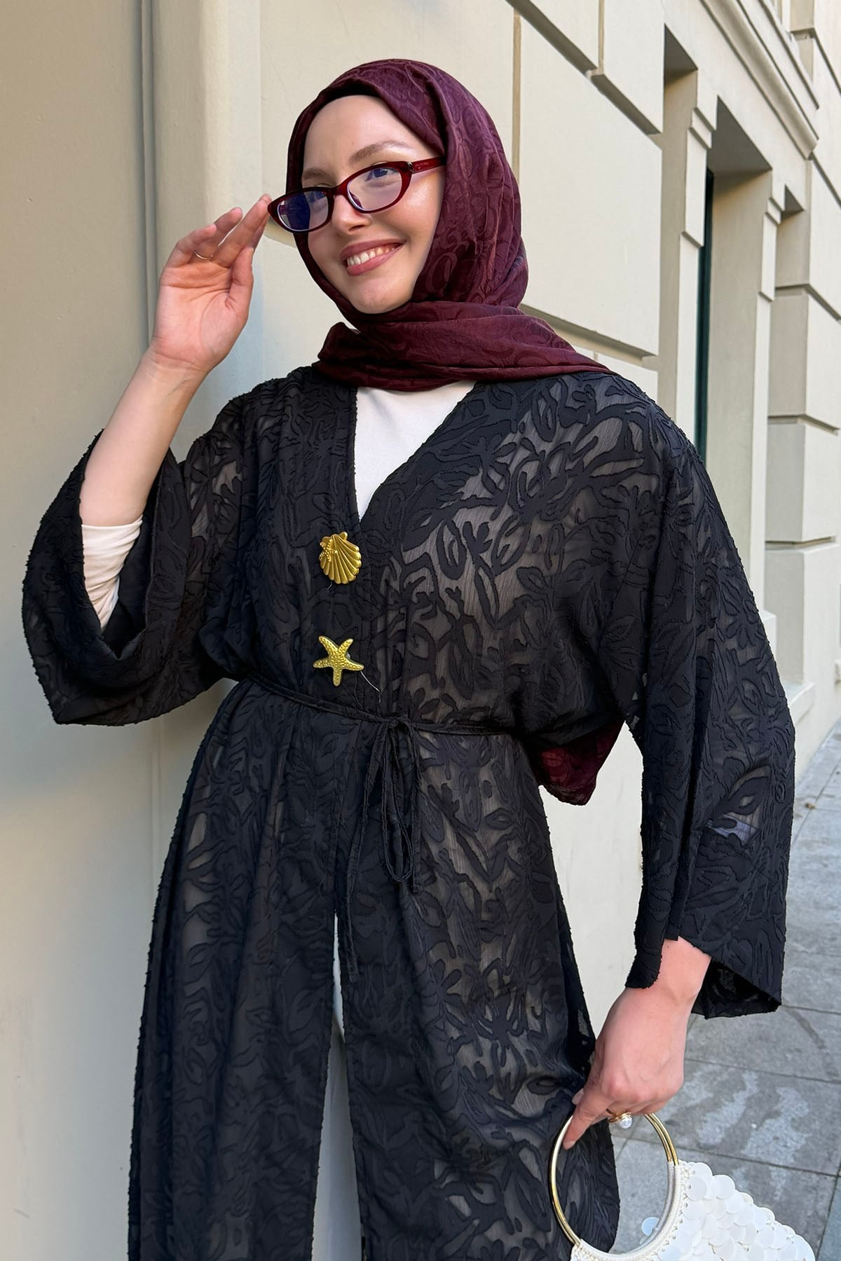 Gold Düğmeli Kumaş Kendinden Desenli Kimono-SİYAH