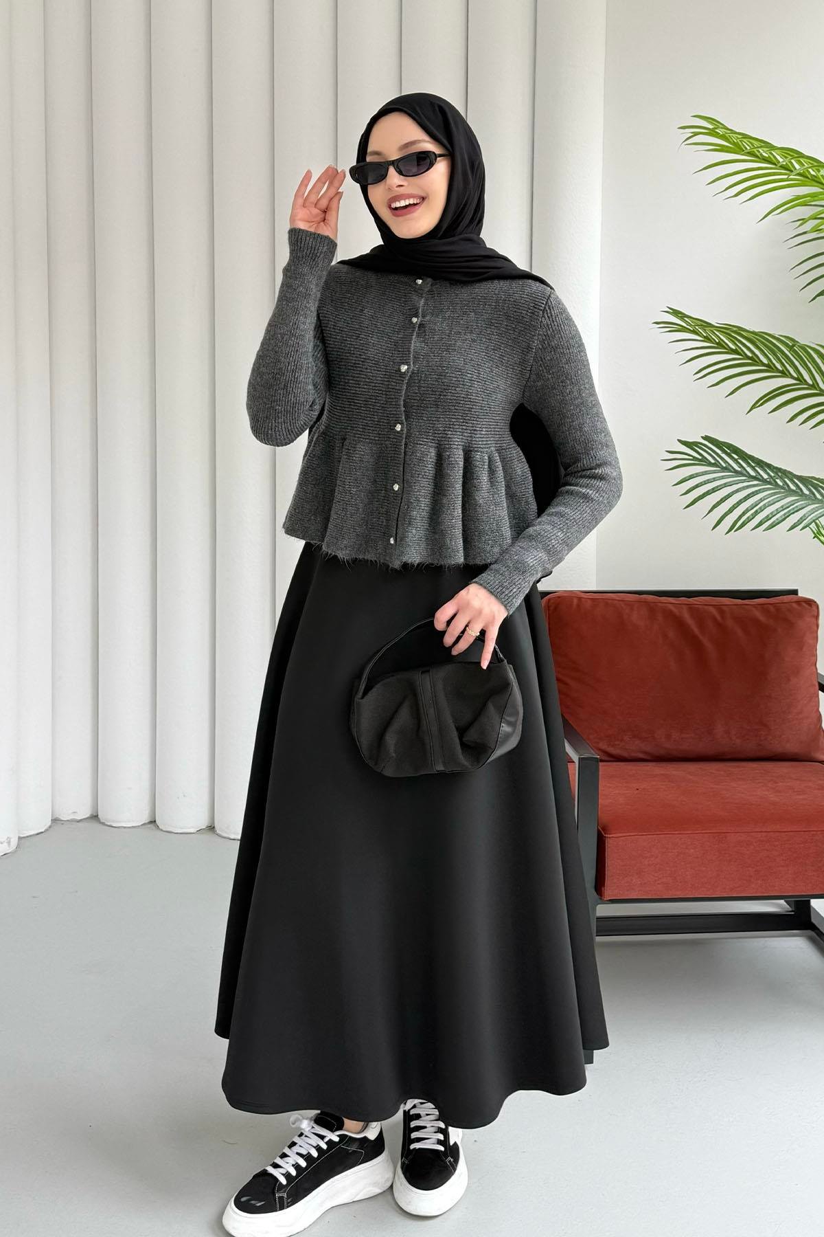 Gold Düğmeli Pileli Crop Hırka-ANTRASİT