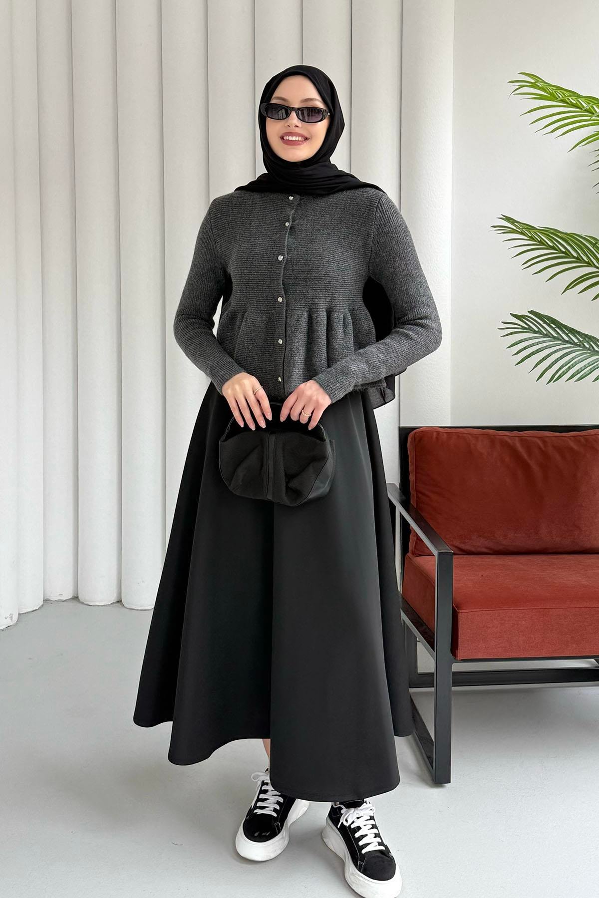 Gold Düğmeli Pileli Crop Hırka-ANTRASİT