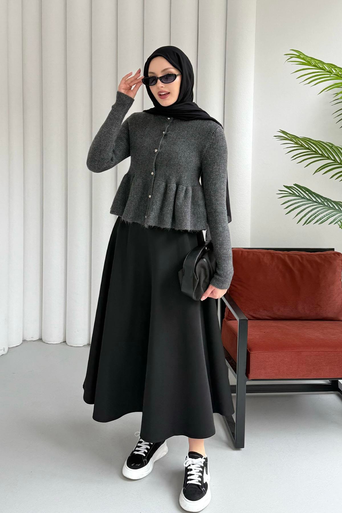 Gold Düğmeli Pileli Crop Hırka-ANTRASİT