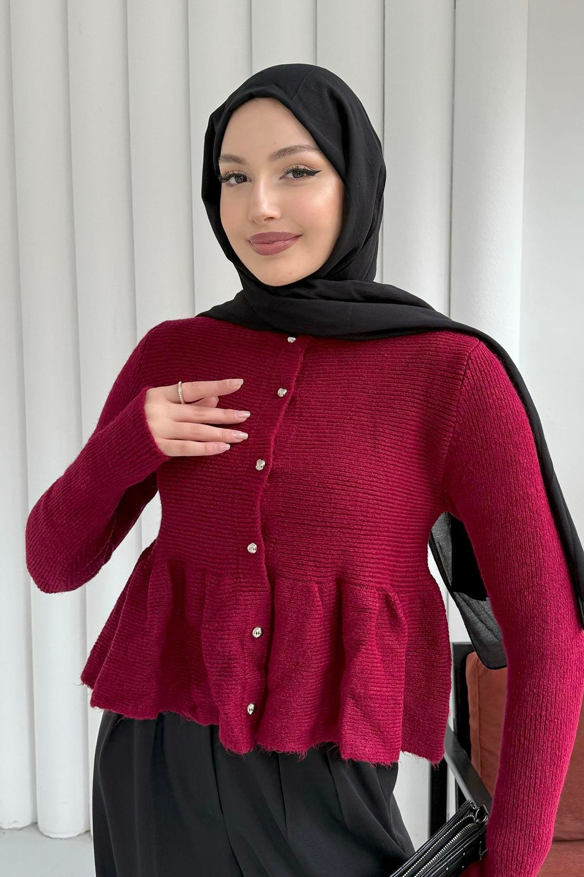 Gold Düğmeli Pileli Crop Hırka-BORDO