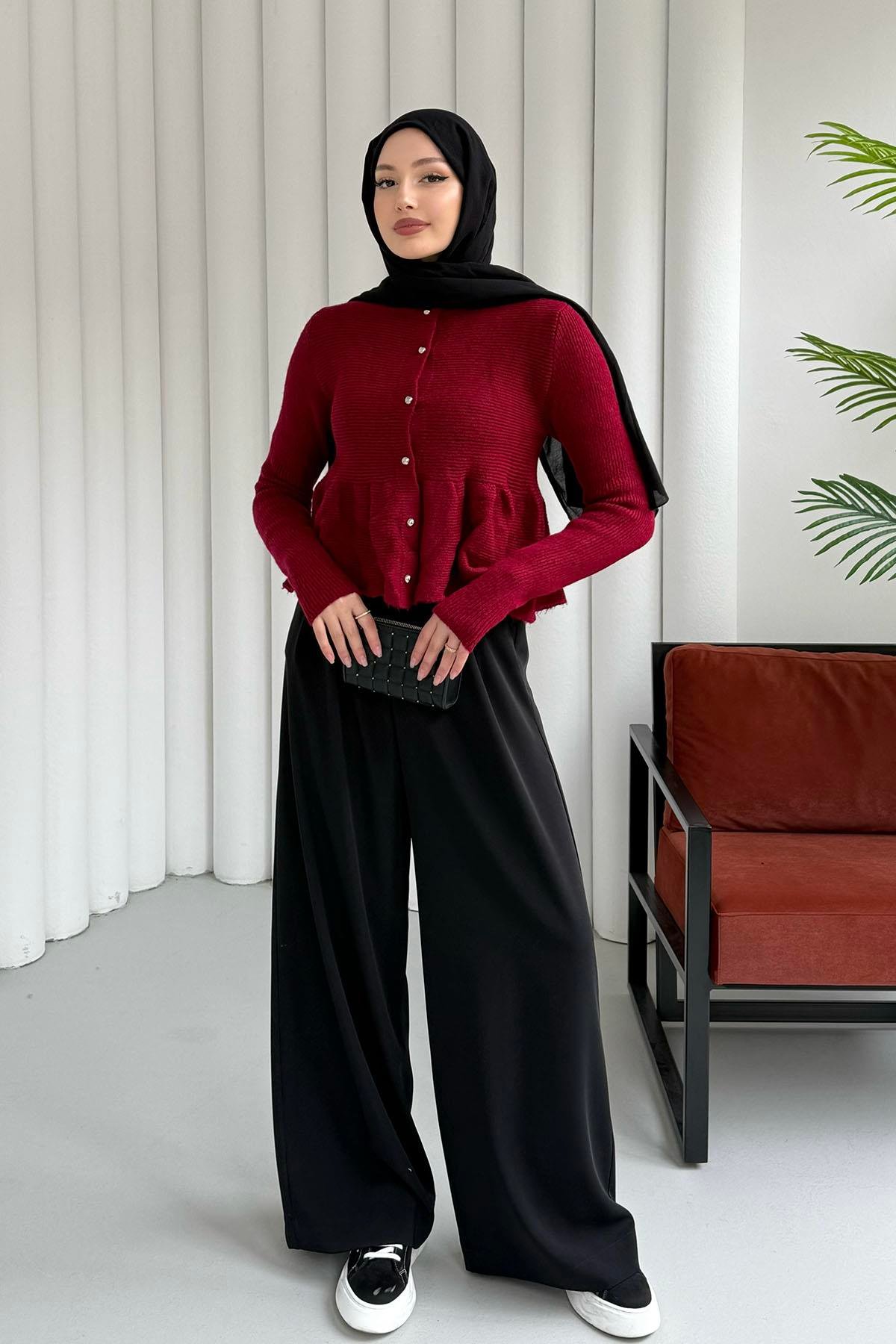 Gold Düğmeli Pileli Crop Hırka-BORDO