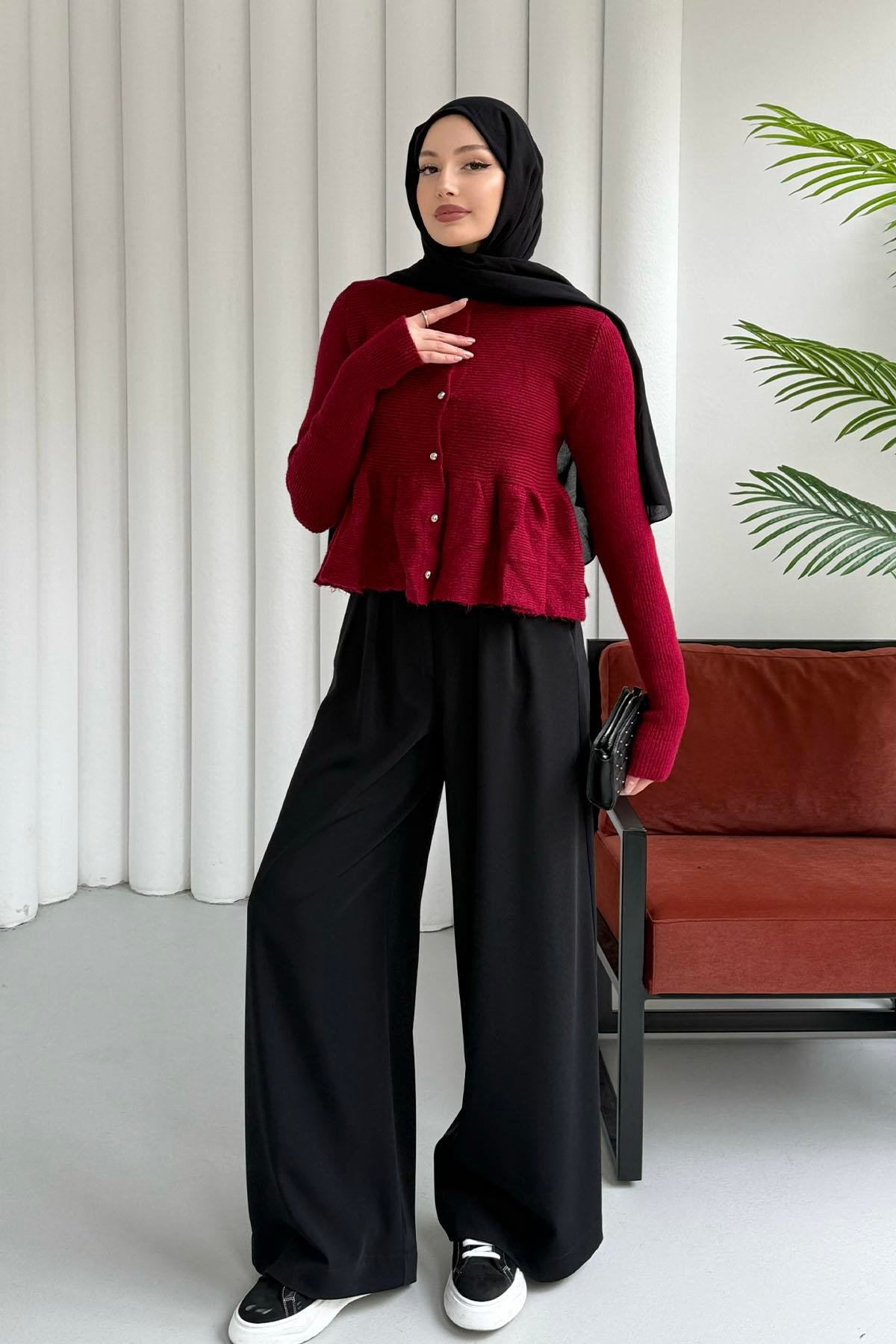 Gold Düğmeli Pileli Crop Hırka-BORDO