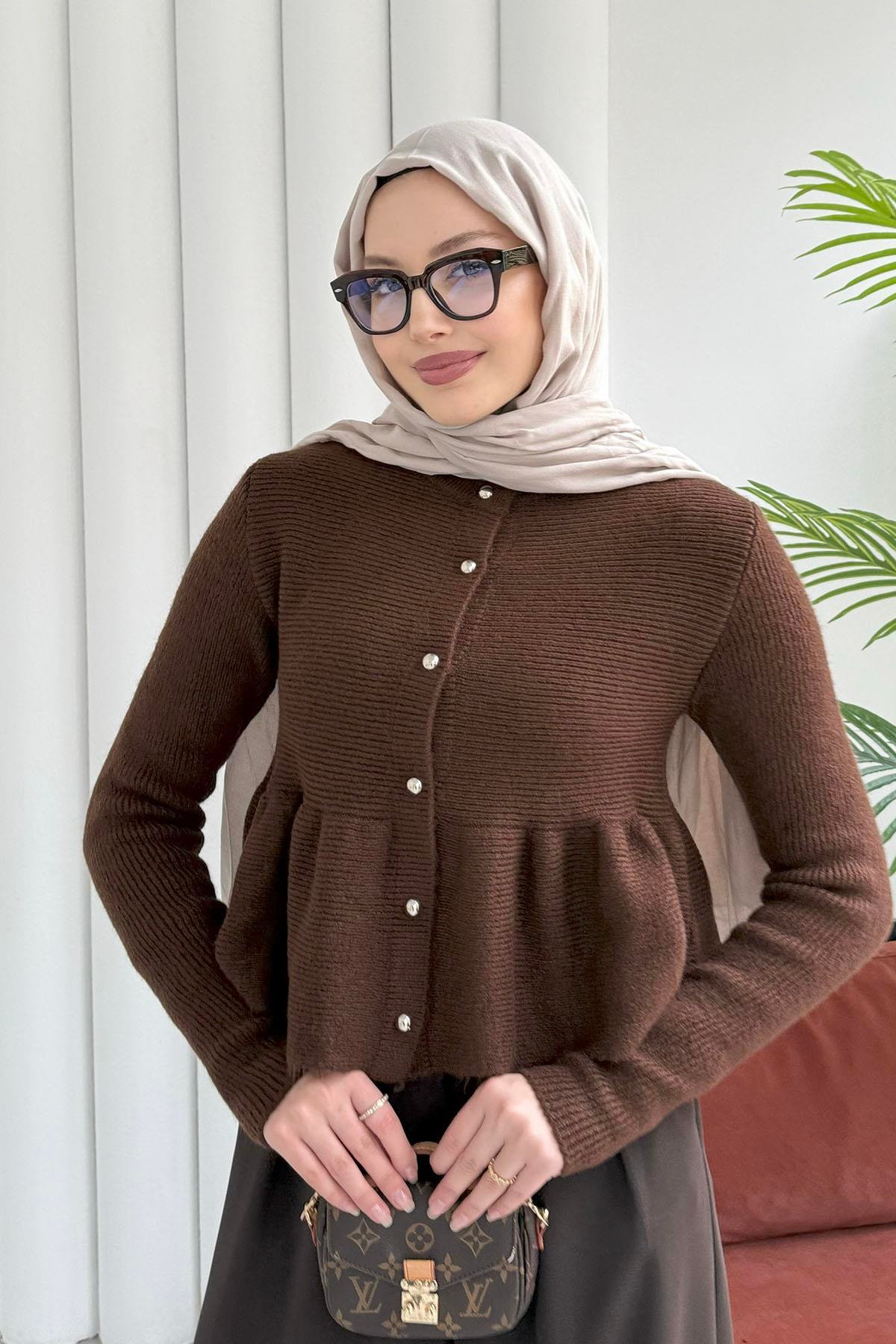 Gold Düğmeli Pileli Crop Hırka-KAHVERENGİ