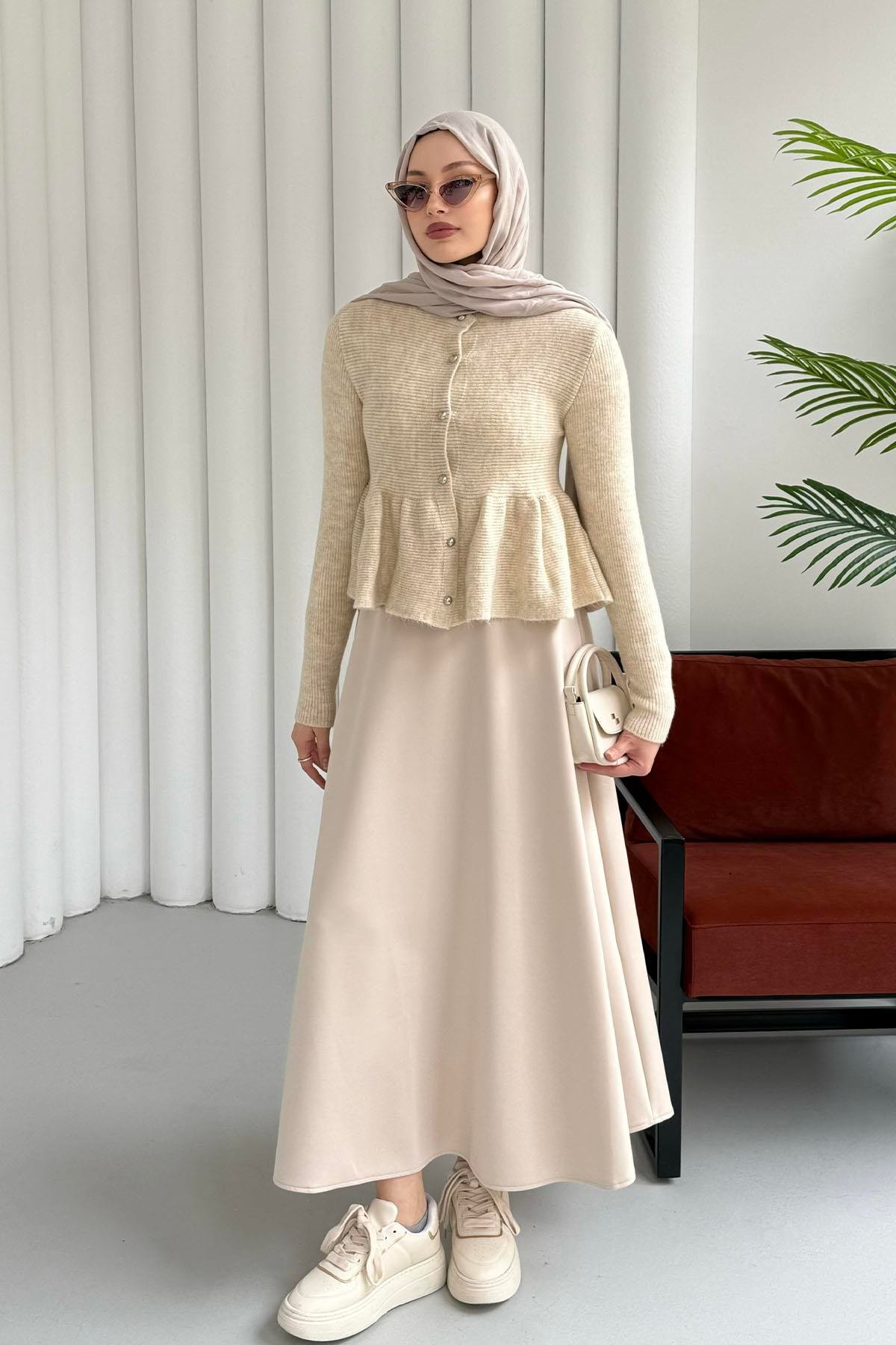 Gold Düğmeli Pileli Crop Hırka-TAŞ