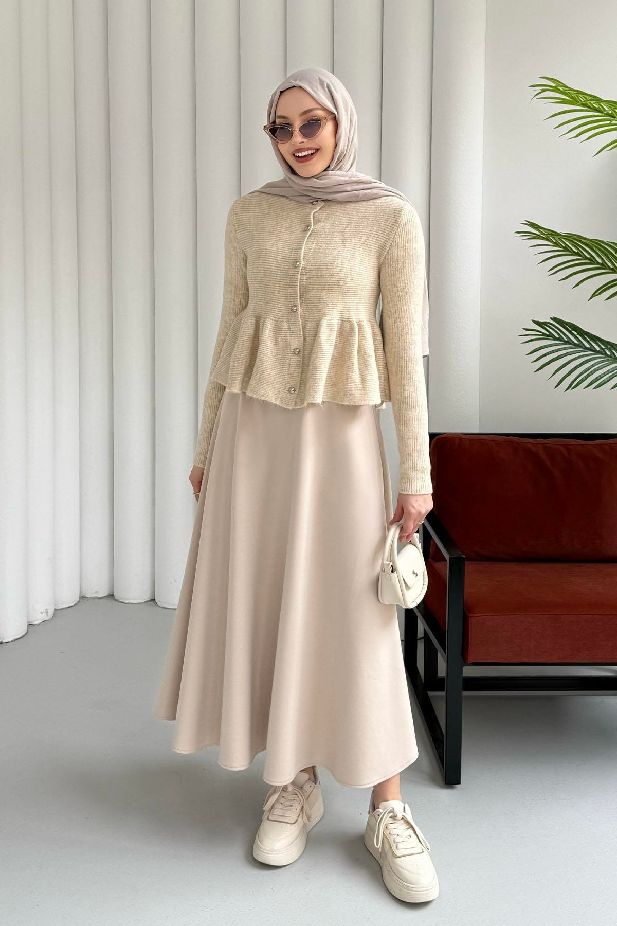 Gold Düğmeli Pileli Crop Hırka-TAŞ