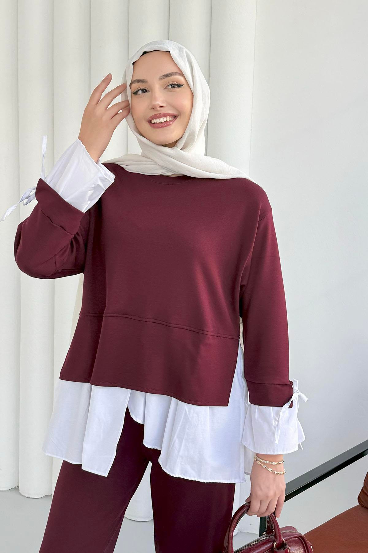 Gömlek Detaylı Pantolonlu Tesettür Takım-BORDO