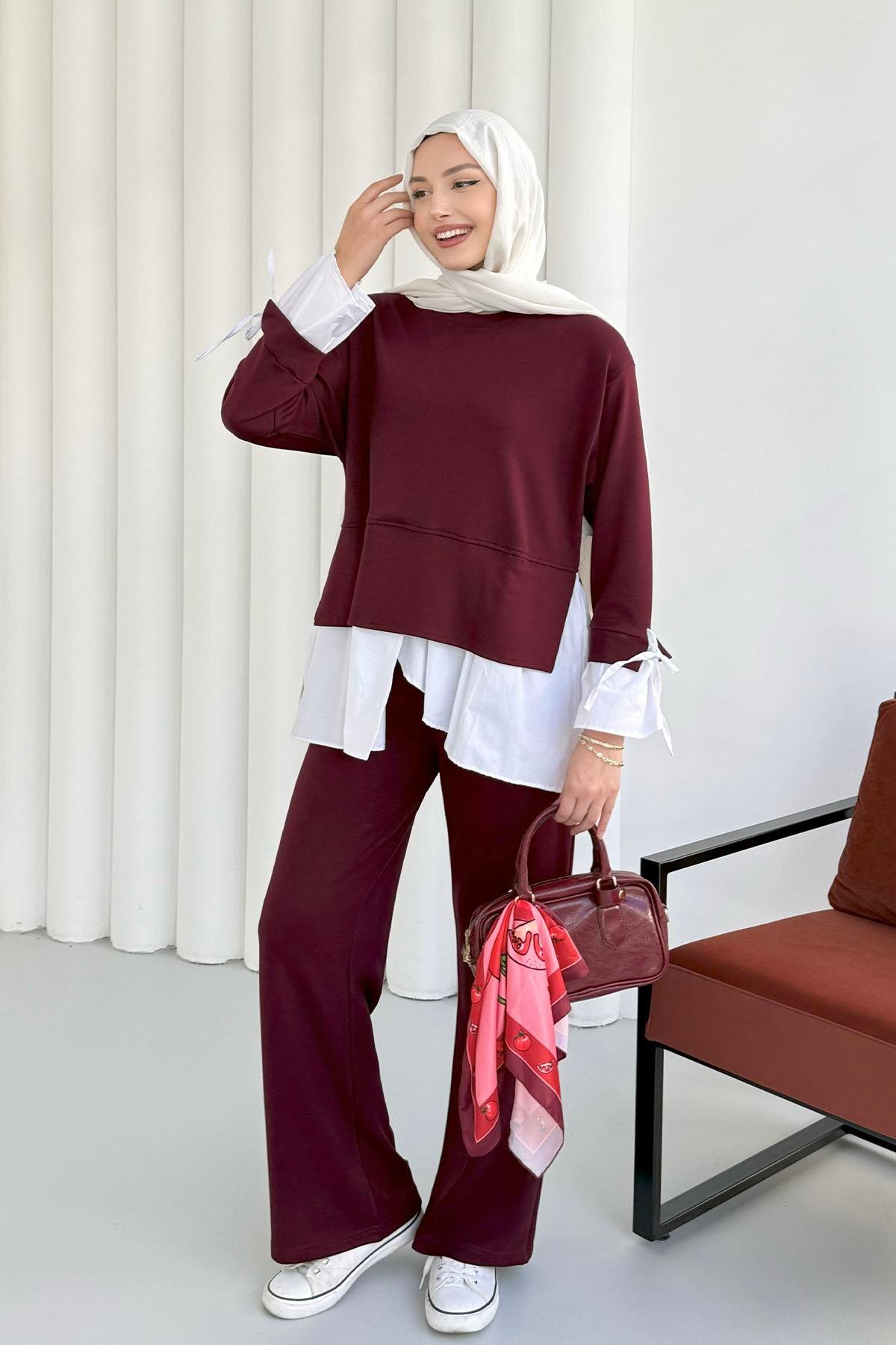 Gömlek Detaylı Pantolonlu Tesettür Takım-BORDO