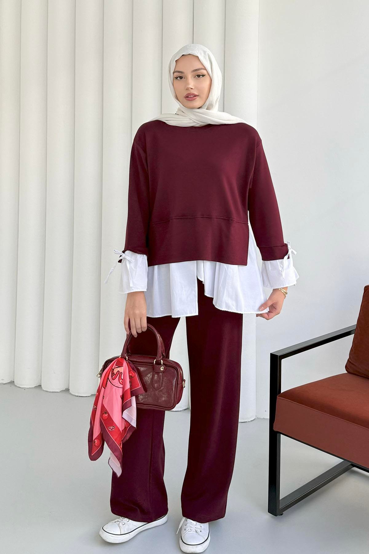 Gömlek Detaylı Pantolonlu Tesettür Takım-BORDO