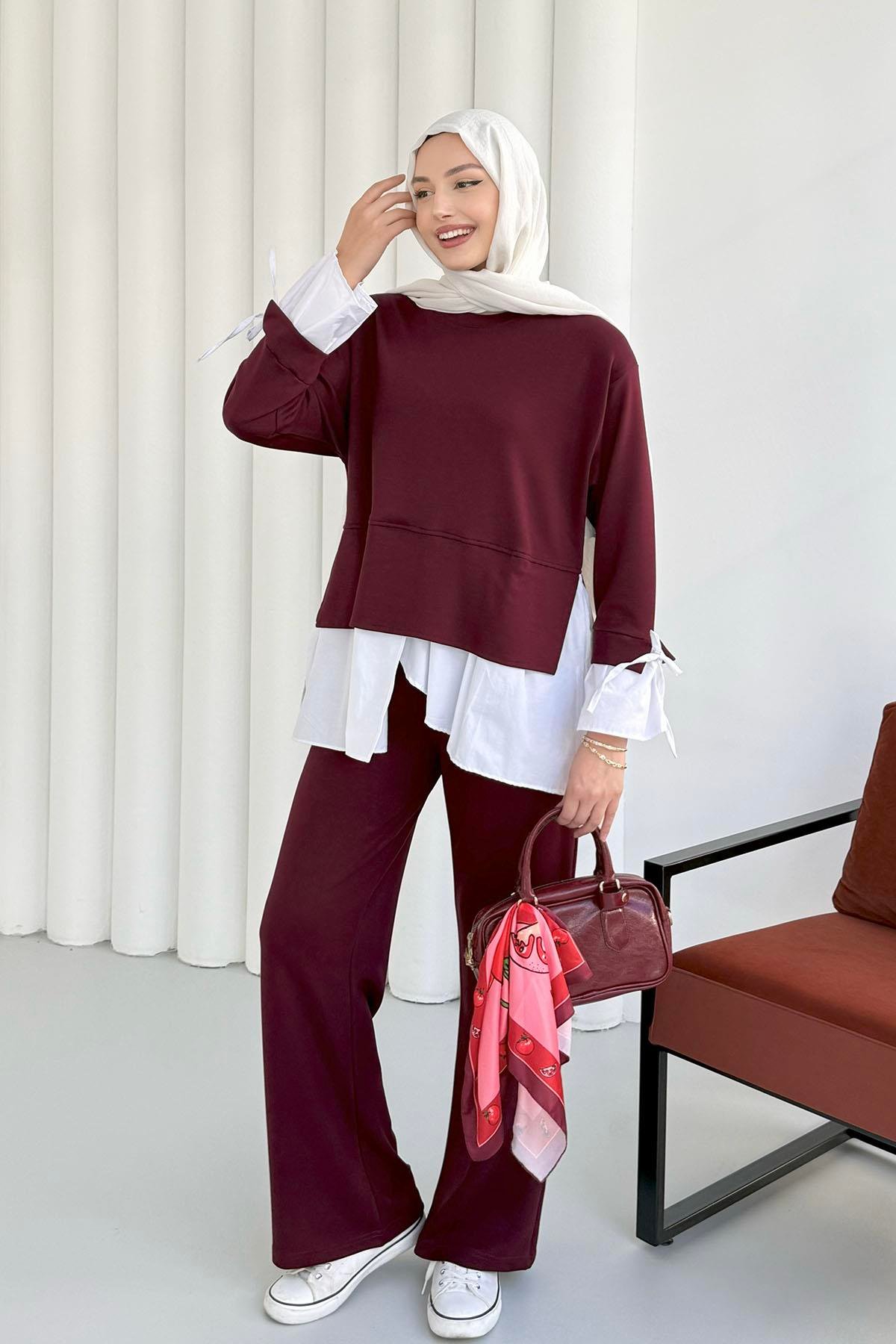 Gömlek Detaylı Pantolonlu Tesettür Takım-BORDO
