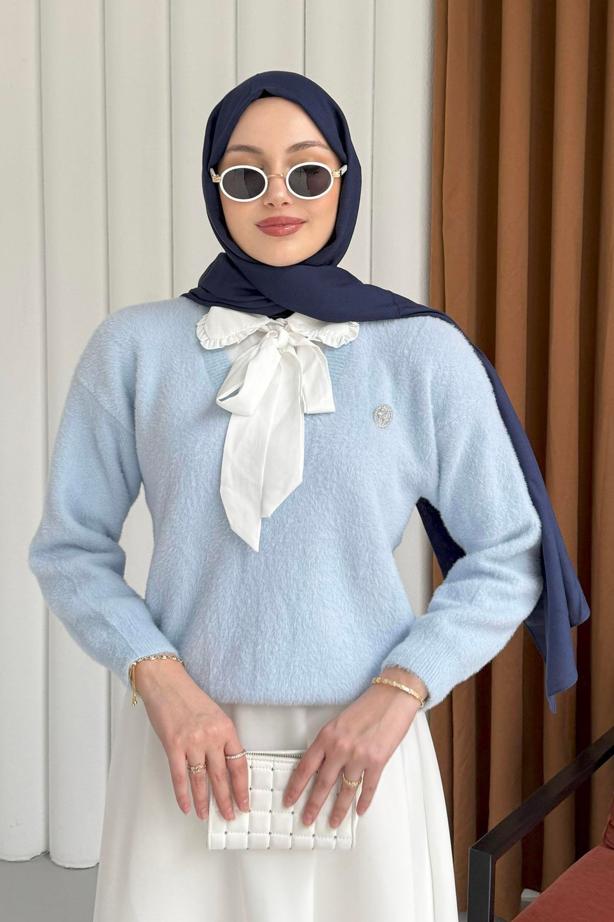 Gömlek Garnili Yumoş Kazak-BEBE MAVİ