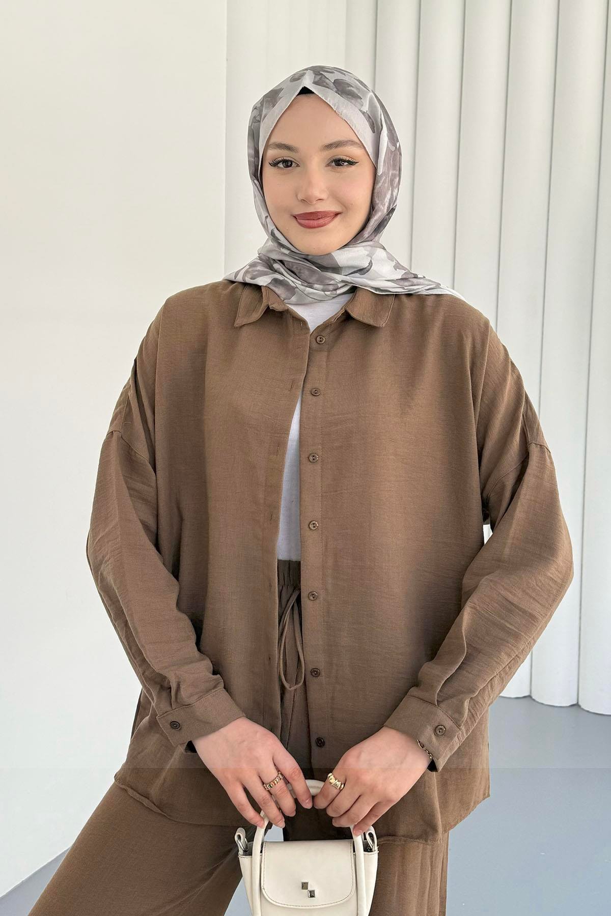 Gömlekli Keten Tesettür Takım-KAHVERENGİ