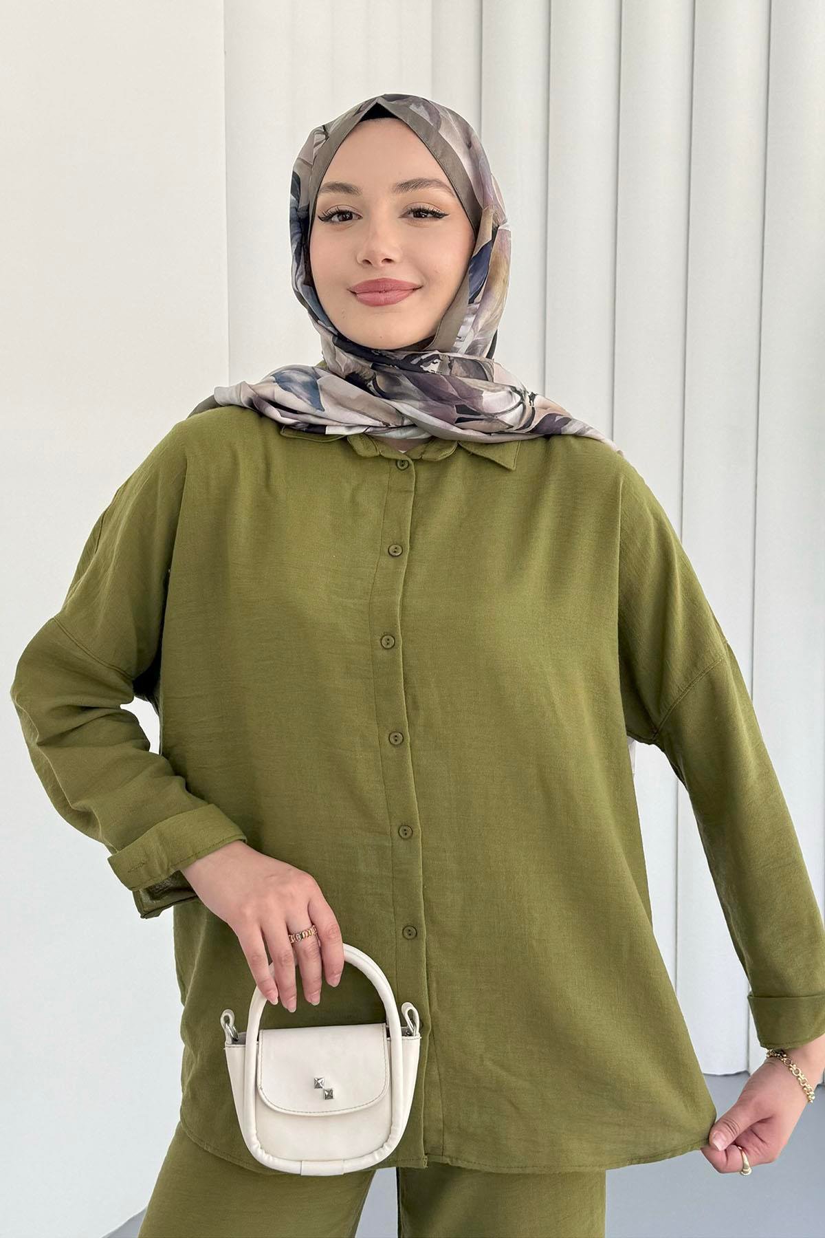 Gömlekli Keten Tesettür Takım-YEŞİL
