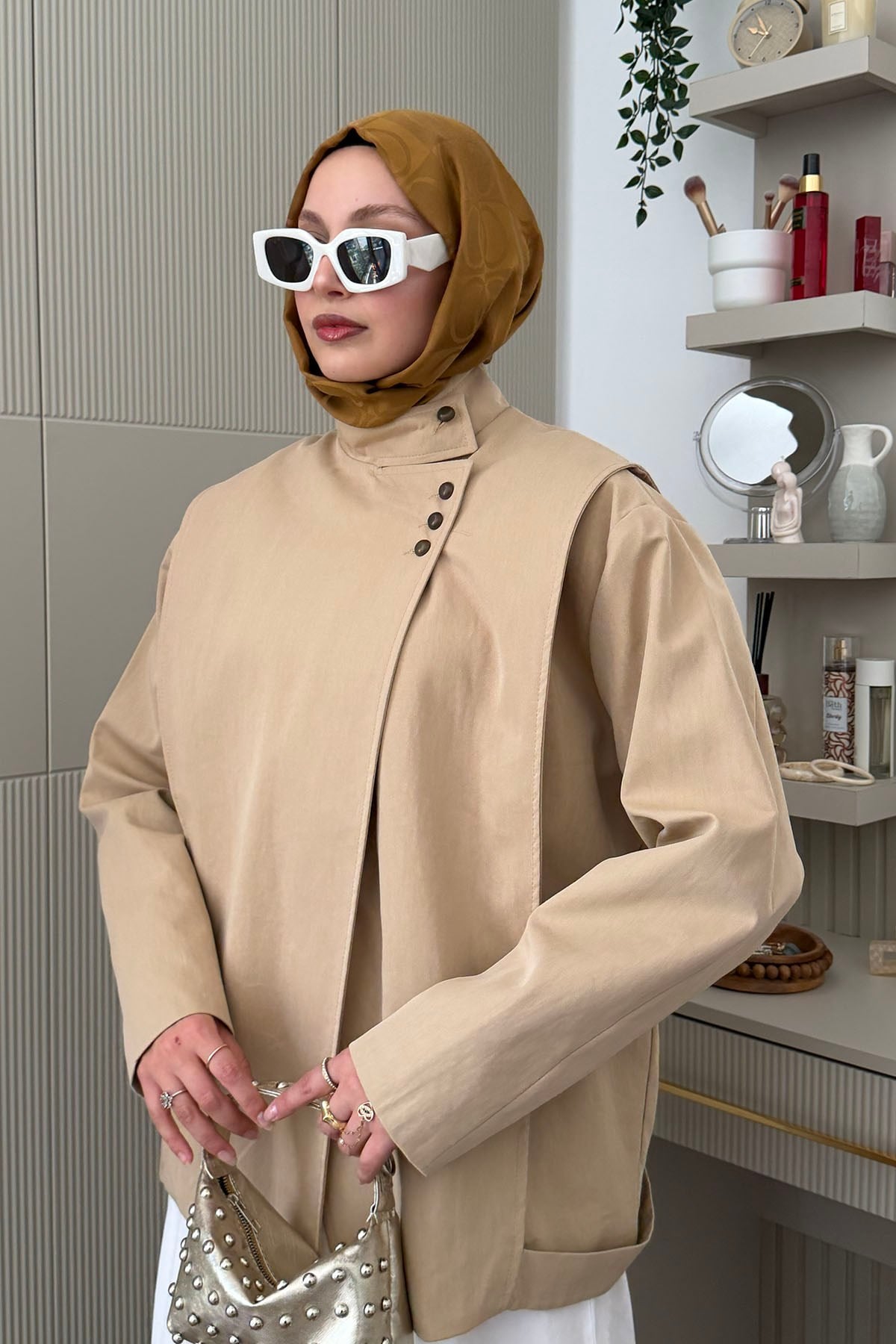 Hakim Yaka Düğme Detaylı Reglan Ceket Trençkot-CAMEL