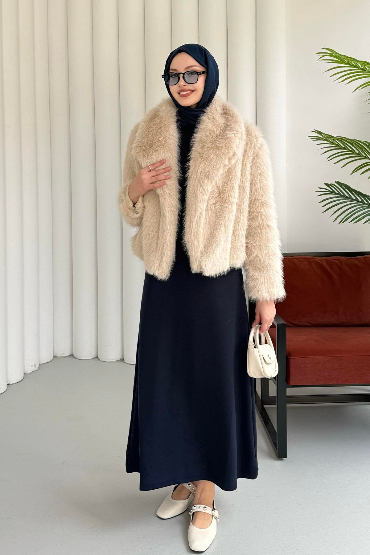 İçi Astarlı Premium Kısa Kürk Ceket-BEJ