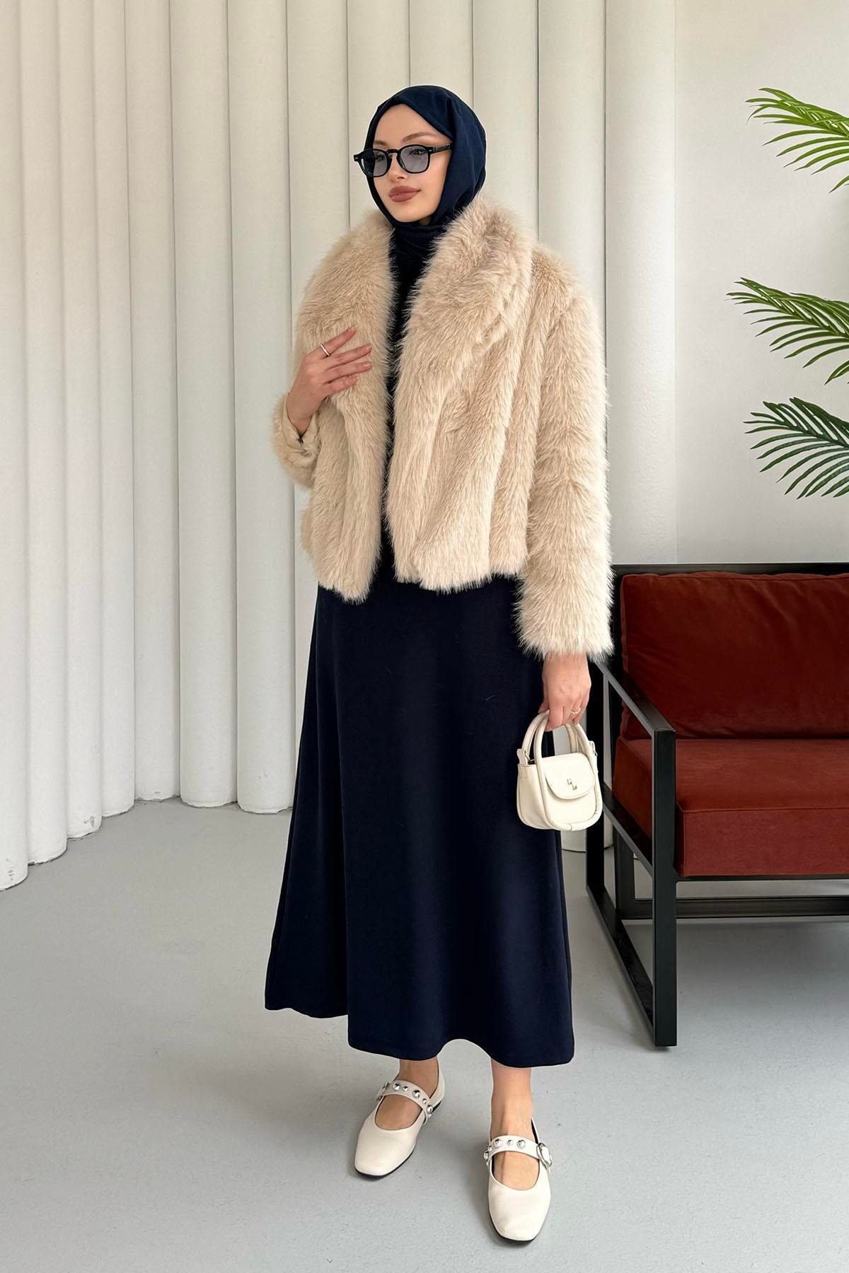 İçi Astarlı Premium Kısa Kürk Ceket-BEJ