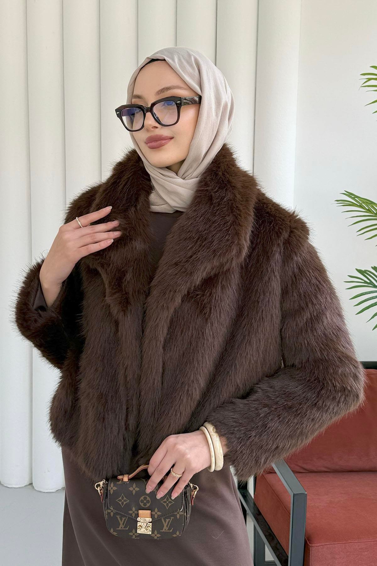 İçi Astarlı Premium Kısa Kürk Ceket-KAHVERENGİ