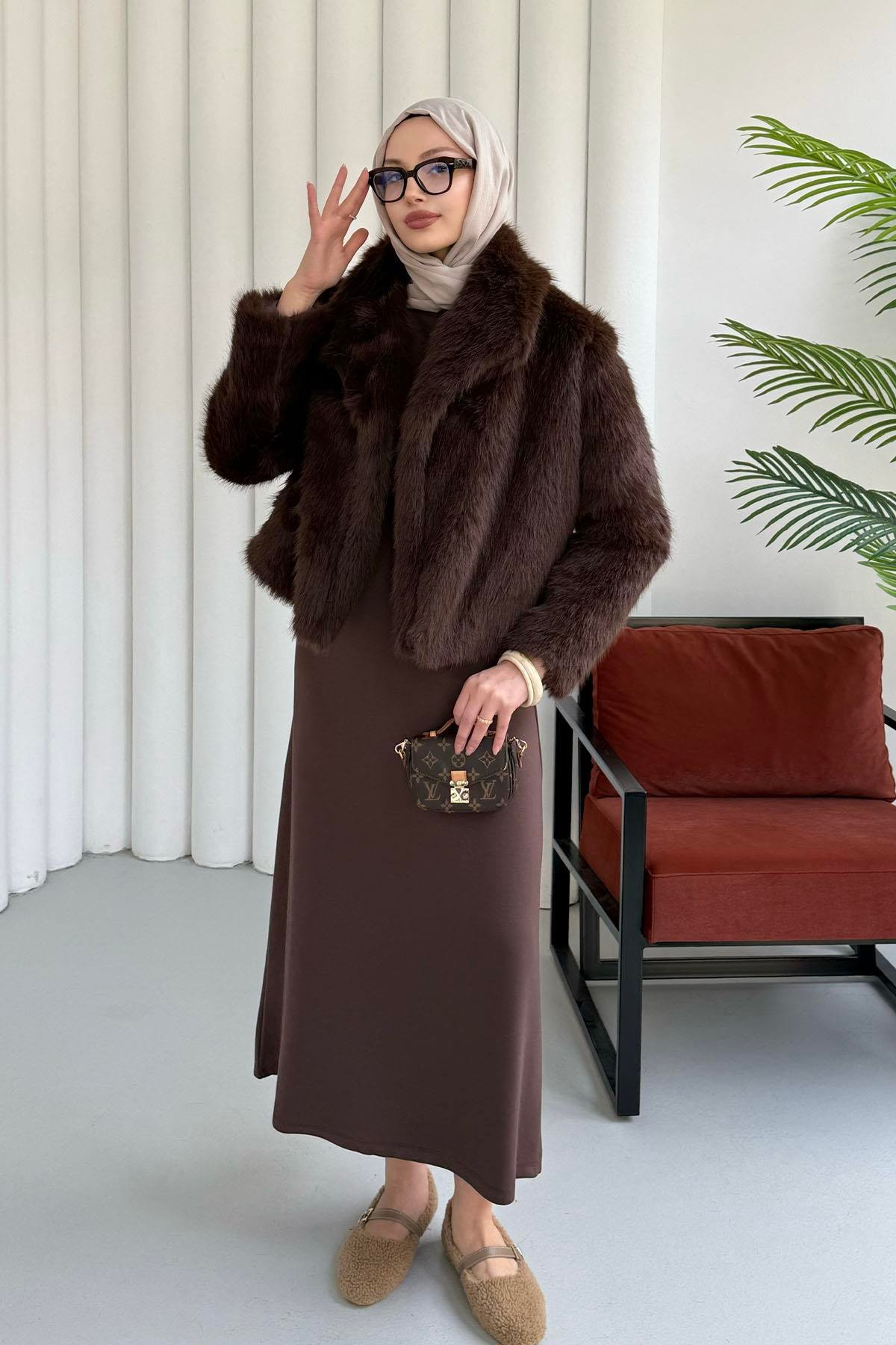 İçi Astarlı Premium Kısa Kürk Ceket-KAHVERENGİ