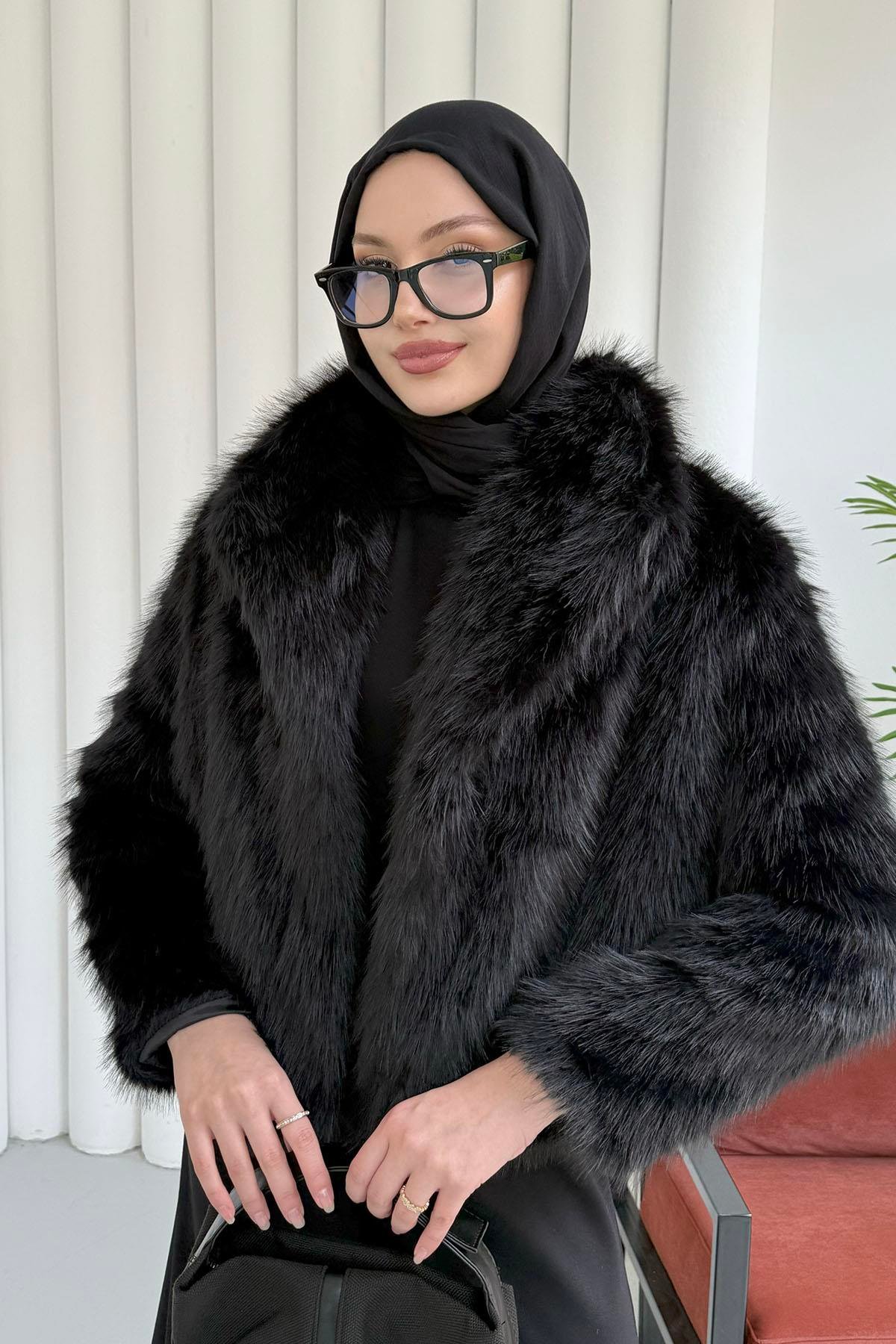 İçi Astarlı Premium Kısa Kürk Ceket-SİYAH