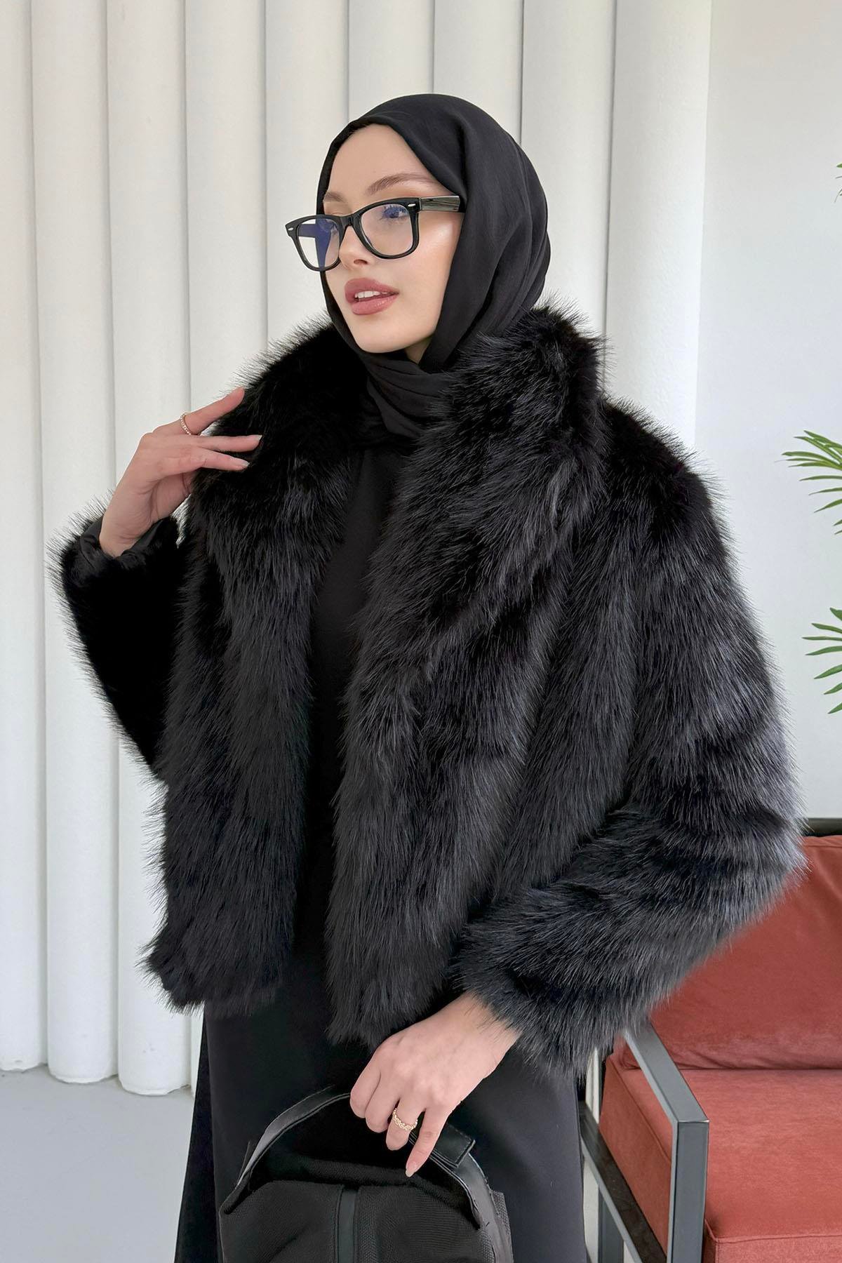 İçi Astarlı Premium Kısa Kürk Ceket-SİYAH