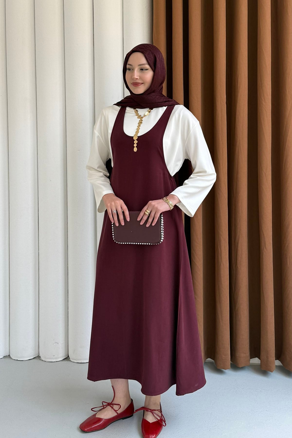 İçlik Kombinli Jile Tesettür Elbise-BORDO