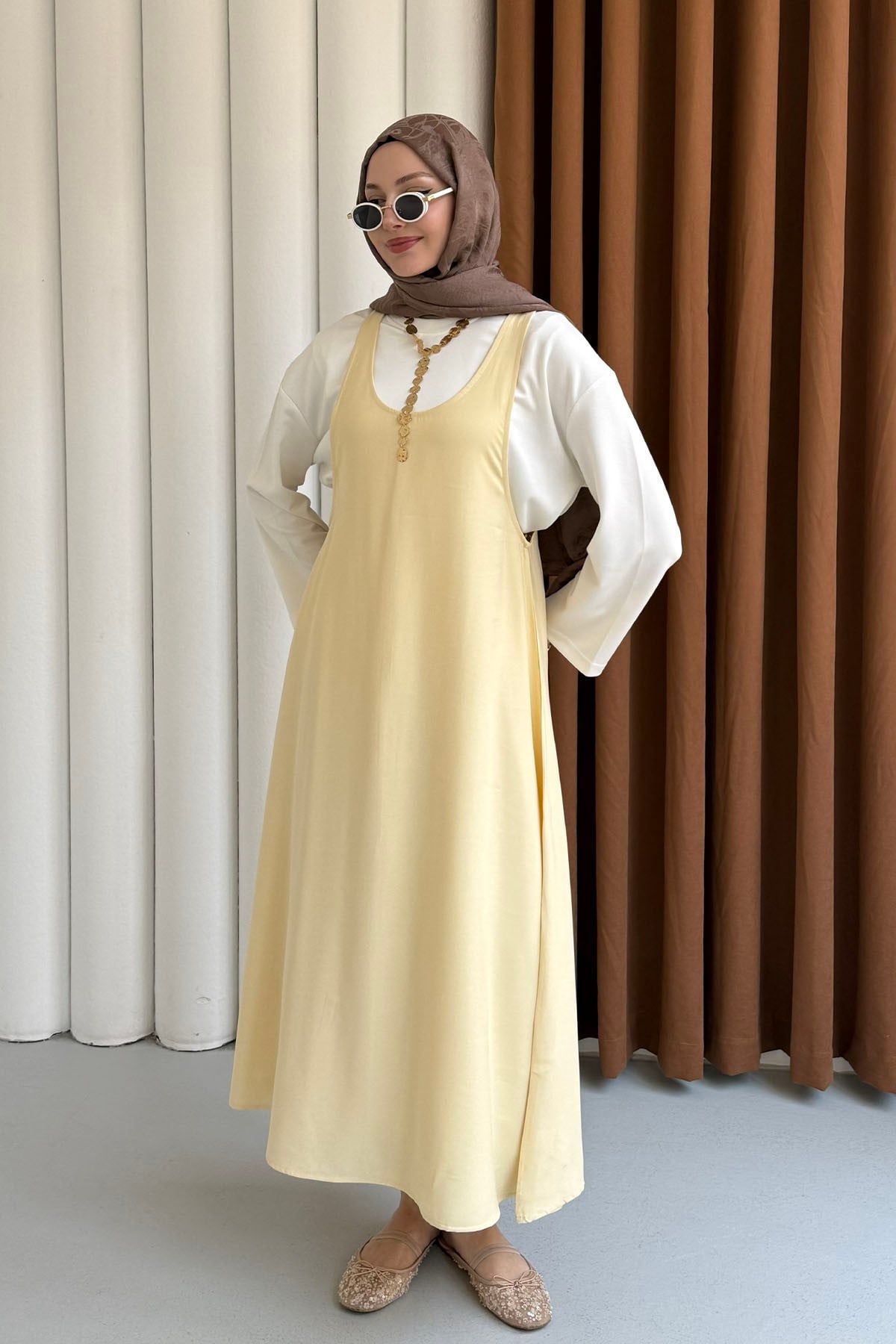 İçlik Kombinli Jile Tesettür Elbise-SARI