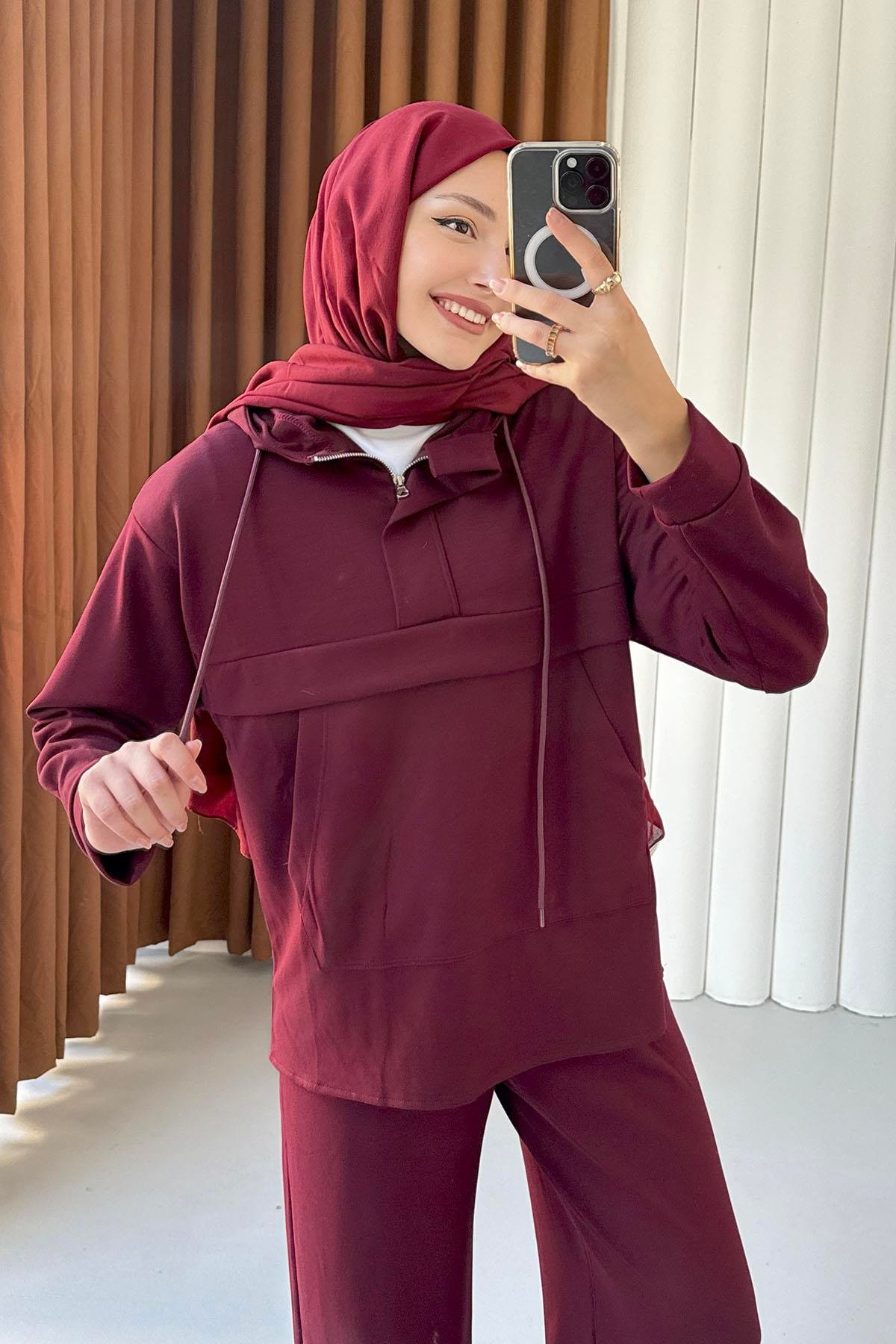 Kanguru Cepli Fermuarlı Pantolonlu Tesettür Takım-BORDO