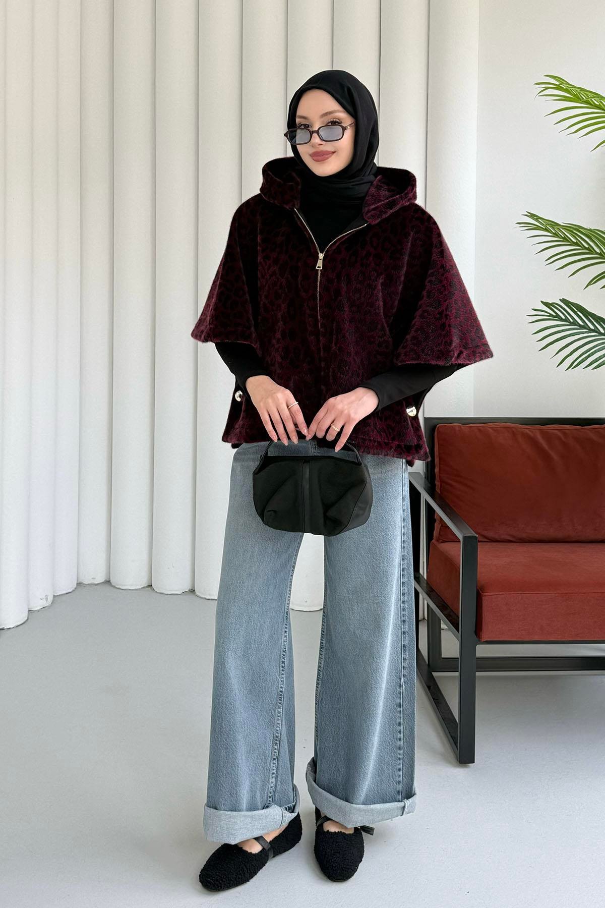 Kapşonlu Ön Fermuarlı Yarasa Kol Leopar Desen Panço-BORDO