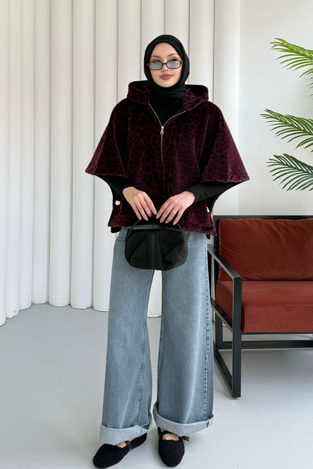 Kapşonlu Ön Fermuarlı Yarasa Kol Leopar Desen Panço-BORDO