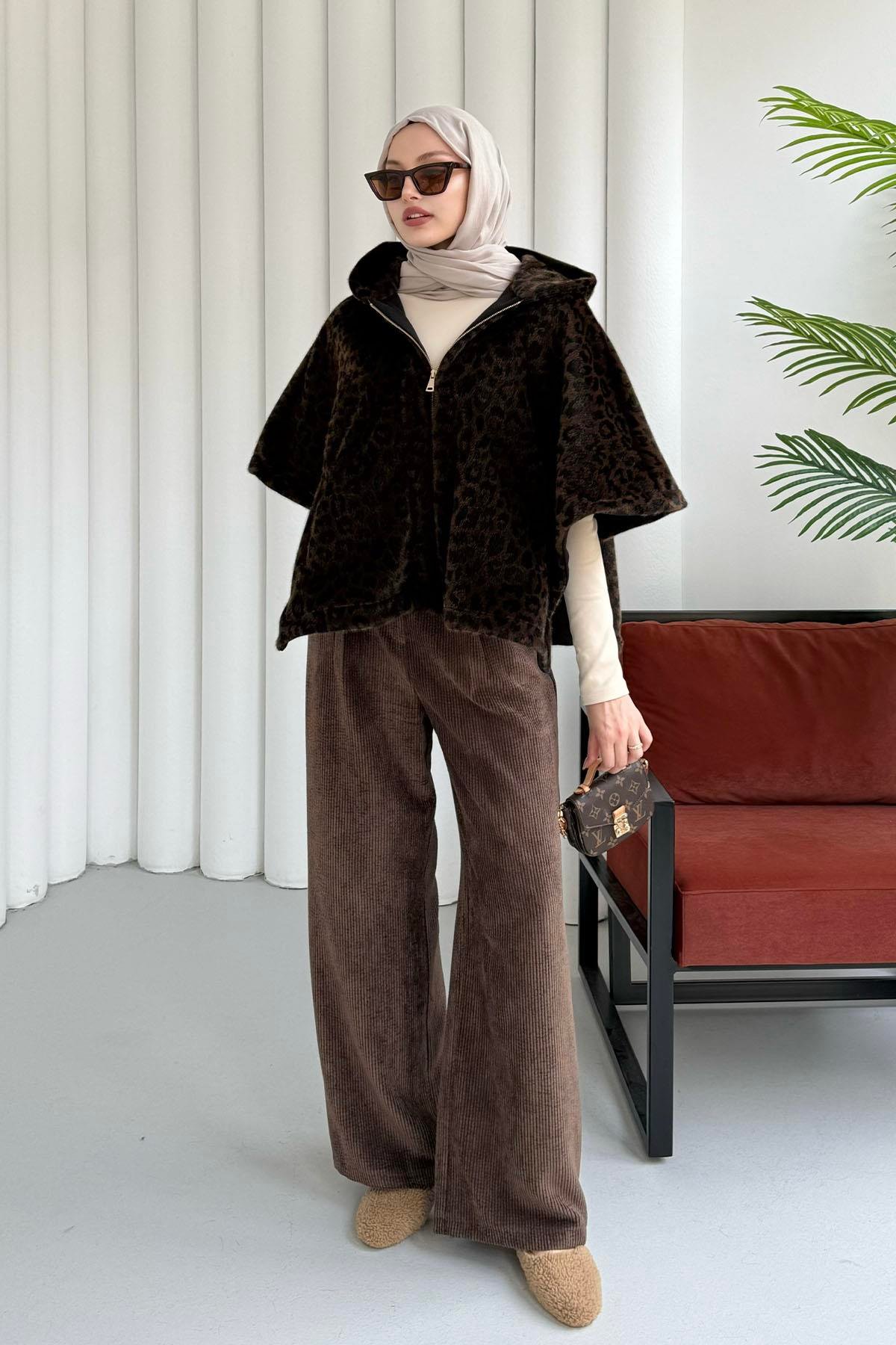 Kapşonlu Ön Fermuarlı Yarasa Kol Leopar Desen Panço-LEOPAR