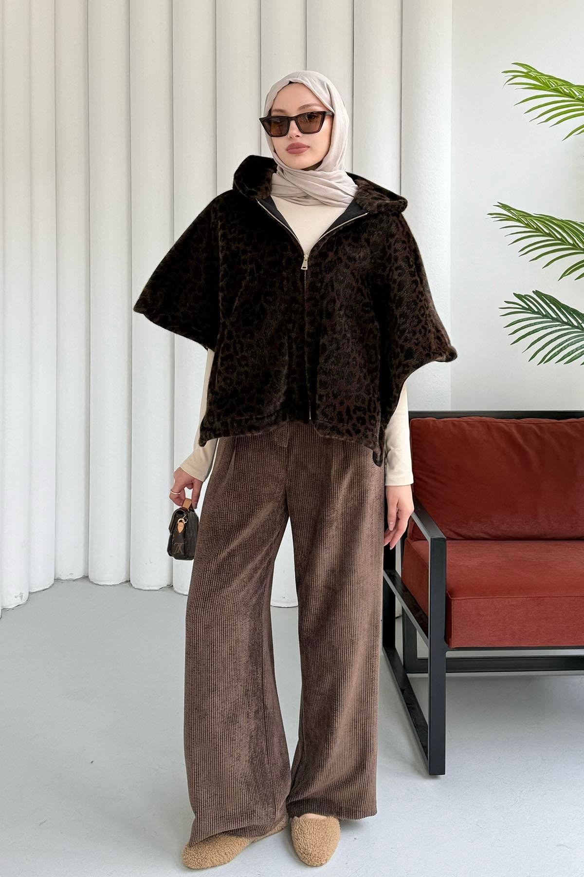 Kapşonlu Ön Fermuarlı Yarasa Kol Leopar Desen Panço-LEOPAR