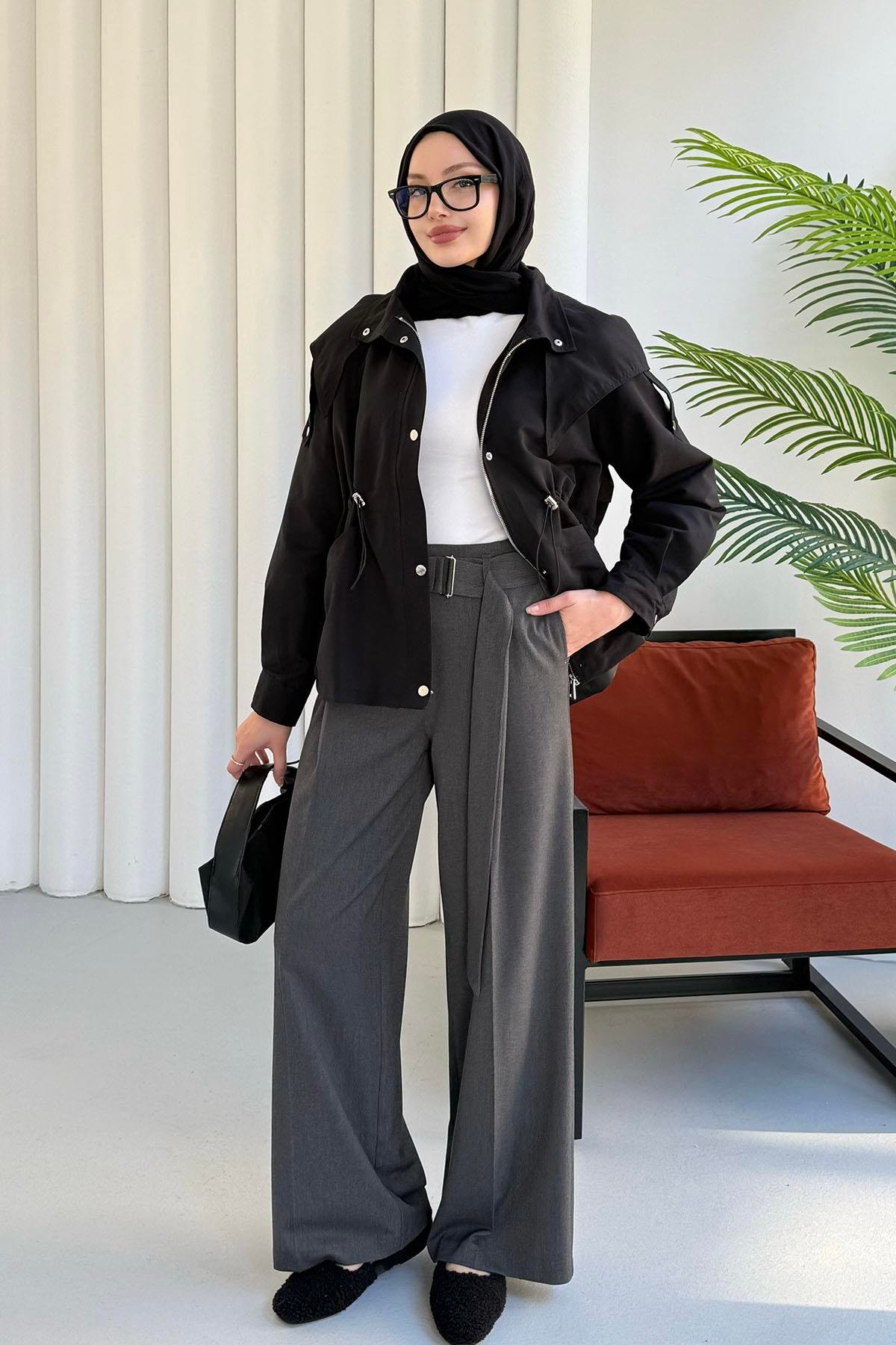 Kapüşonlu Flato Cepli Bel Büzgülü Astarlı Trençkot-SİYAH