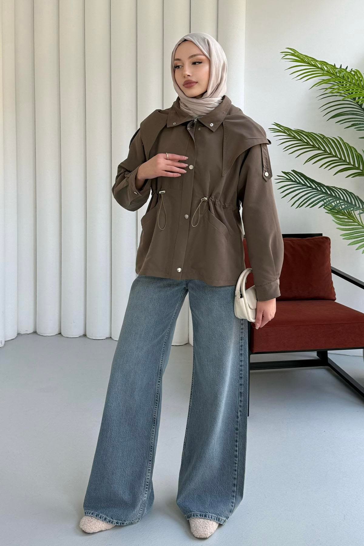 Kapüşonlu Flato Cepli Bel Büzgülü Astarlı Trençkot-HAKİ YEŞİL